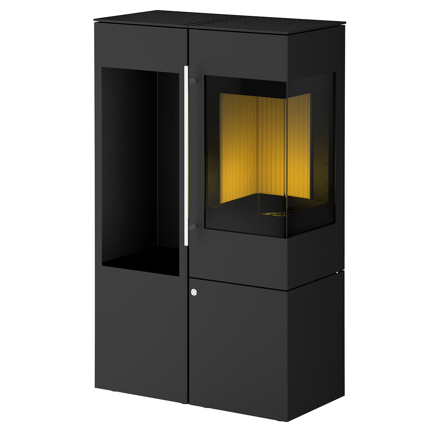 Olsberg Ipala Smart Compact poêle à bois en acier noir, ouverture de porte à droite, porte en acier avec étagère en bois à gauche
