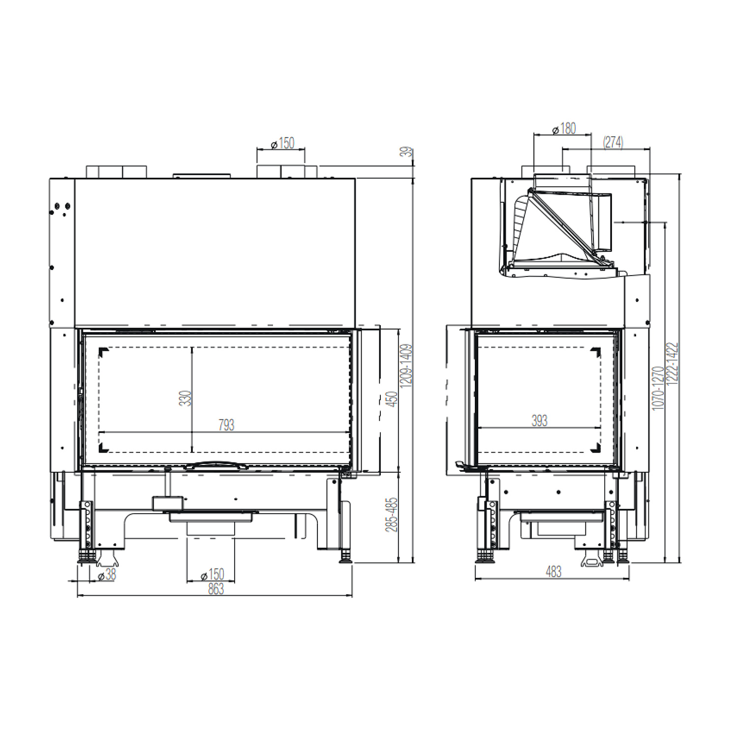 Austroflamm 89x49x45 S 2.0 Insert de cheminée angle droit