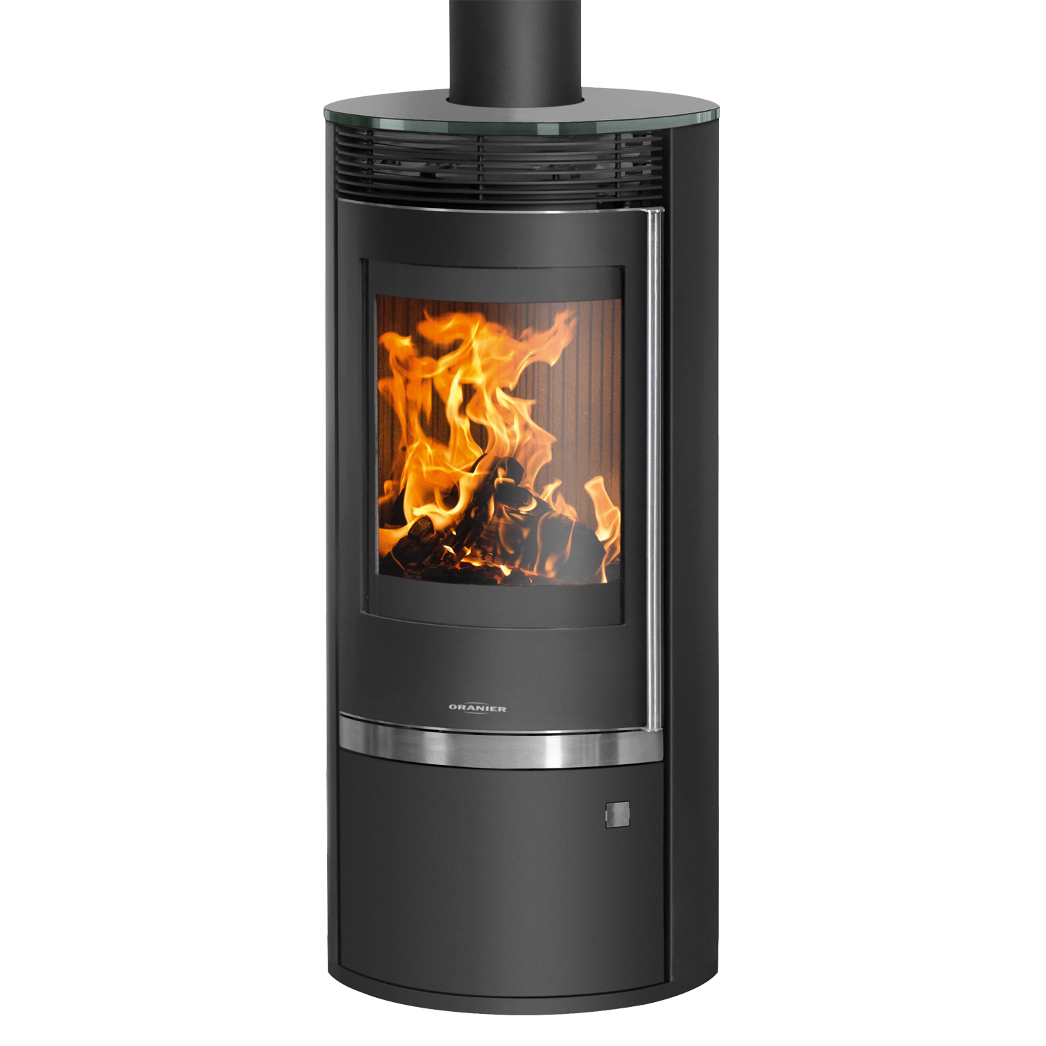 Poêle à bois Oranier Rota Top 2.0 en acier noir avec plaque de recouvrement en verre