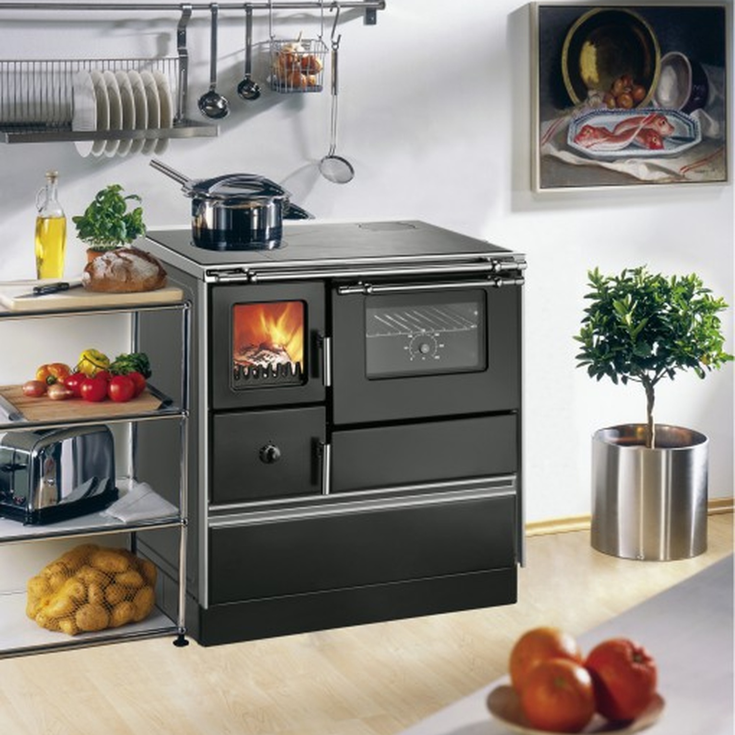Westminster cuisinière à bois K 76F-70 avec fenêtre noir raccordement tuyaux à droite