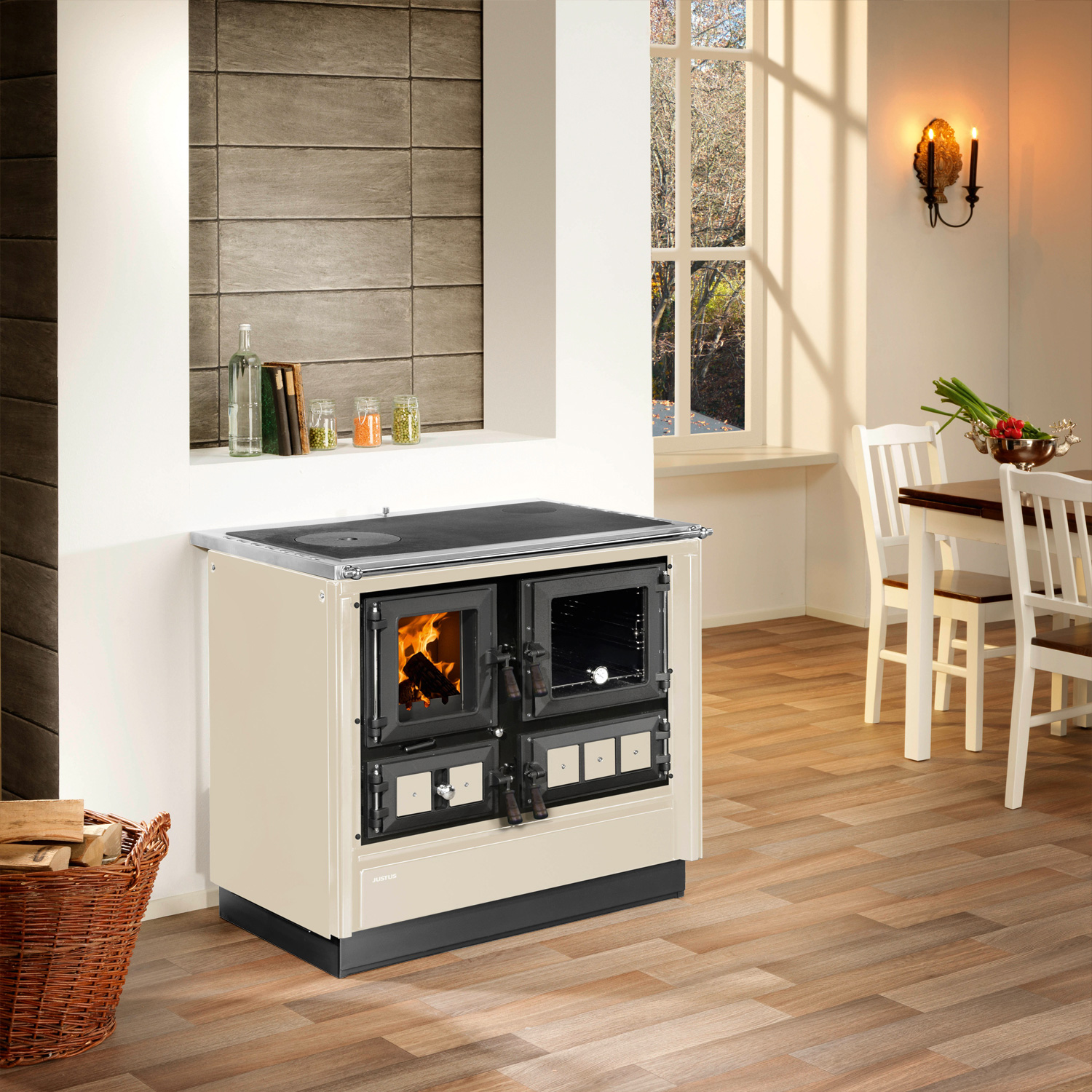 Justus Rustico-90 2.0 Poêle de cuisine en acier crème, compartiment de cuisson à droite