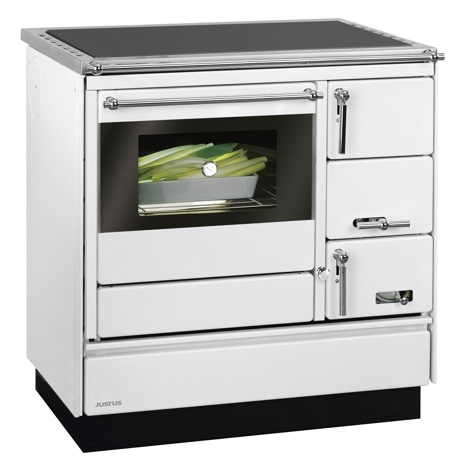 Justus Linz cuisinière à bois blanc chromé, gauche