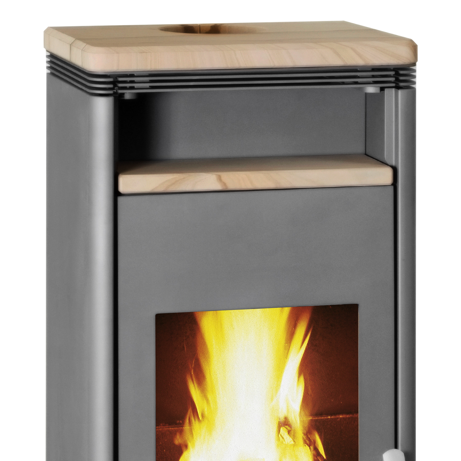 Poêle à bois Wamsler Orpheus avec compartiment de maintien au chaud en acier gris / pierre de sable 6 kW