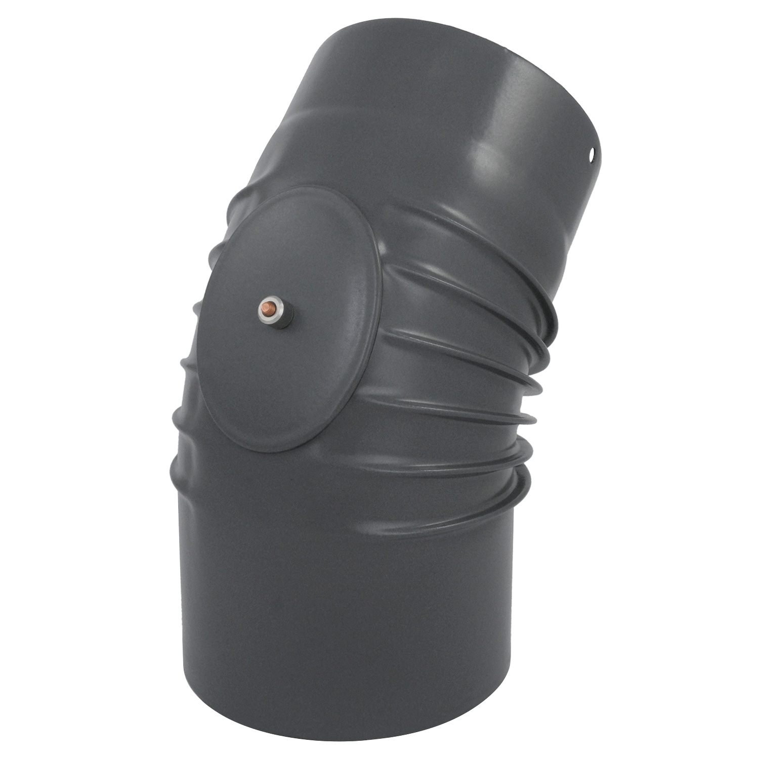 Coude de conduit de fumée / Coude de tuyau de poêle émaillé 150 mm - Coude à 45° nervuré gris avec ouverture de nettoyage. Coude de conduit de fumée / Coude de tuyau de poêle émaillé 150 mm - Coude à 45° nervuré gris avec ouverture de nettoyage.