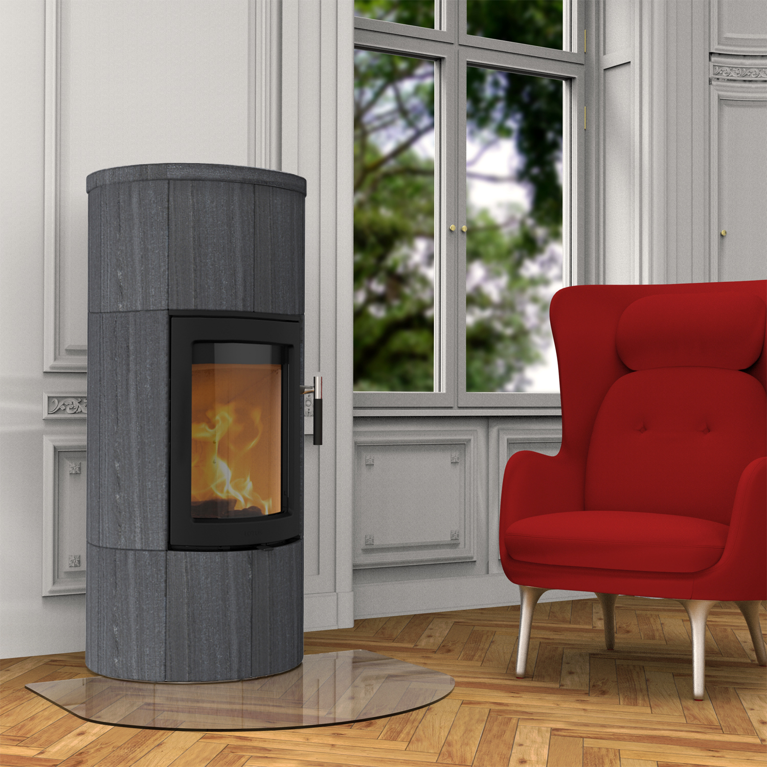 Lotus Maestro 1 poêle à bois Indian Night, porte noire, sortie de fumée arrière