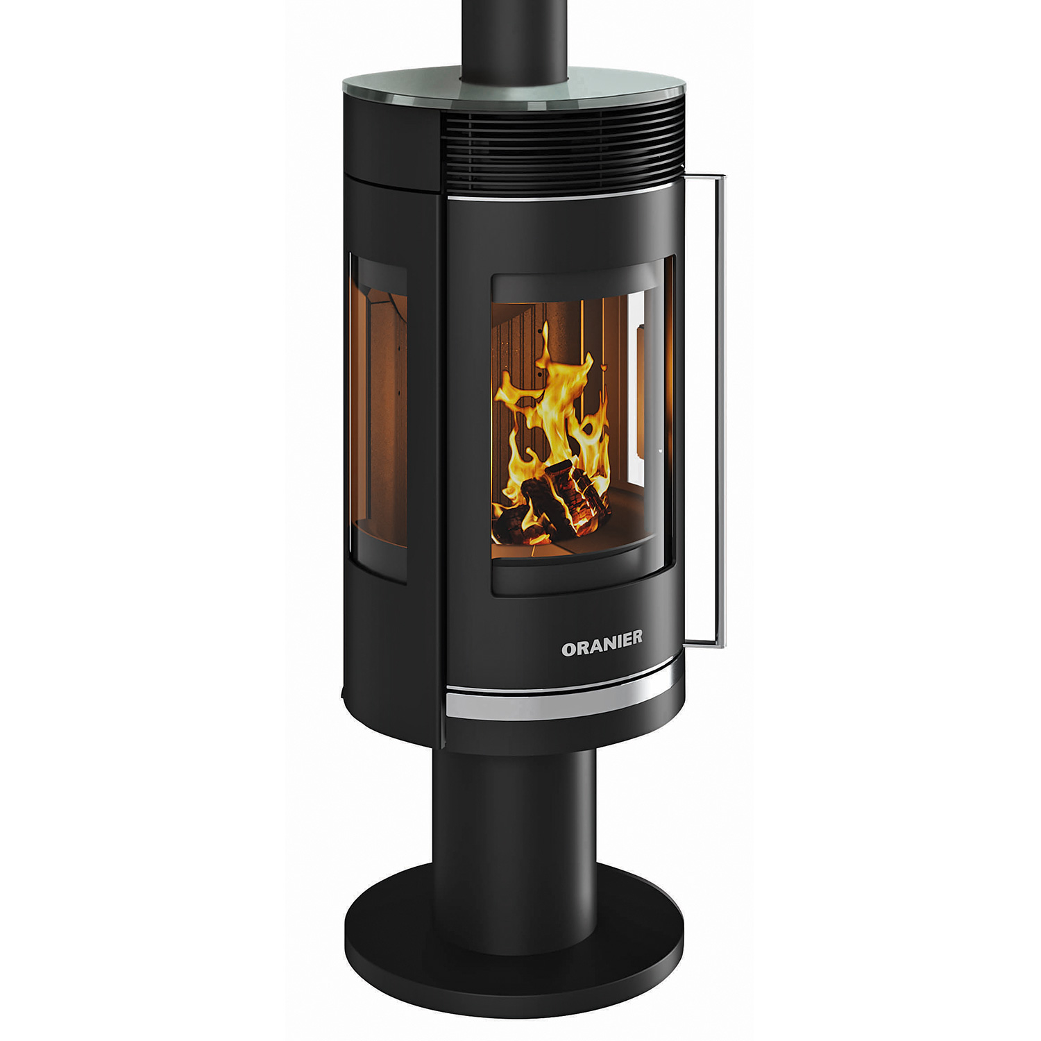 Poêle à bois Oranier Rota Twist en acier noir / plaque supérieure en verre