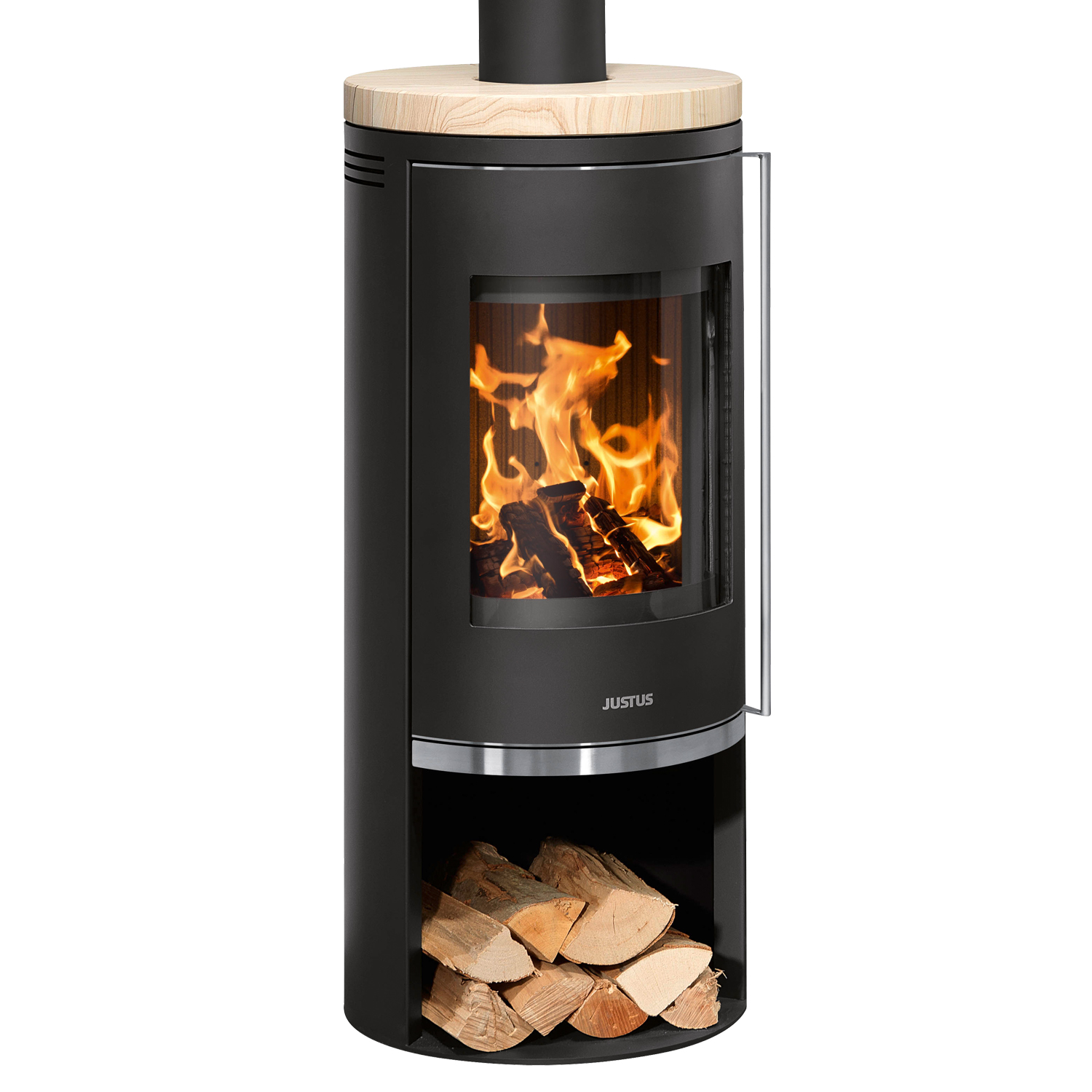 Justus Faro 2.0 Poêle à bois en acier noir avec plaque de recouvrement en pierre de sable.