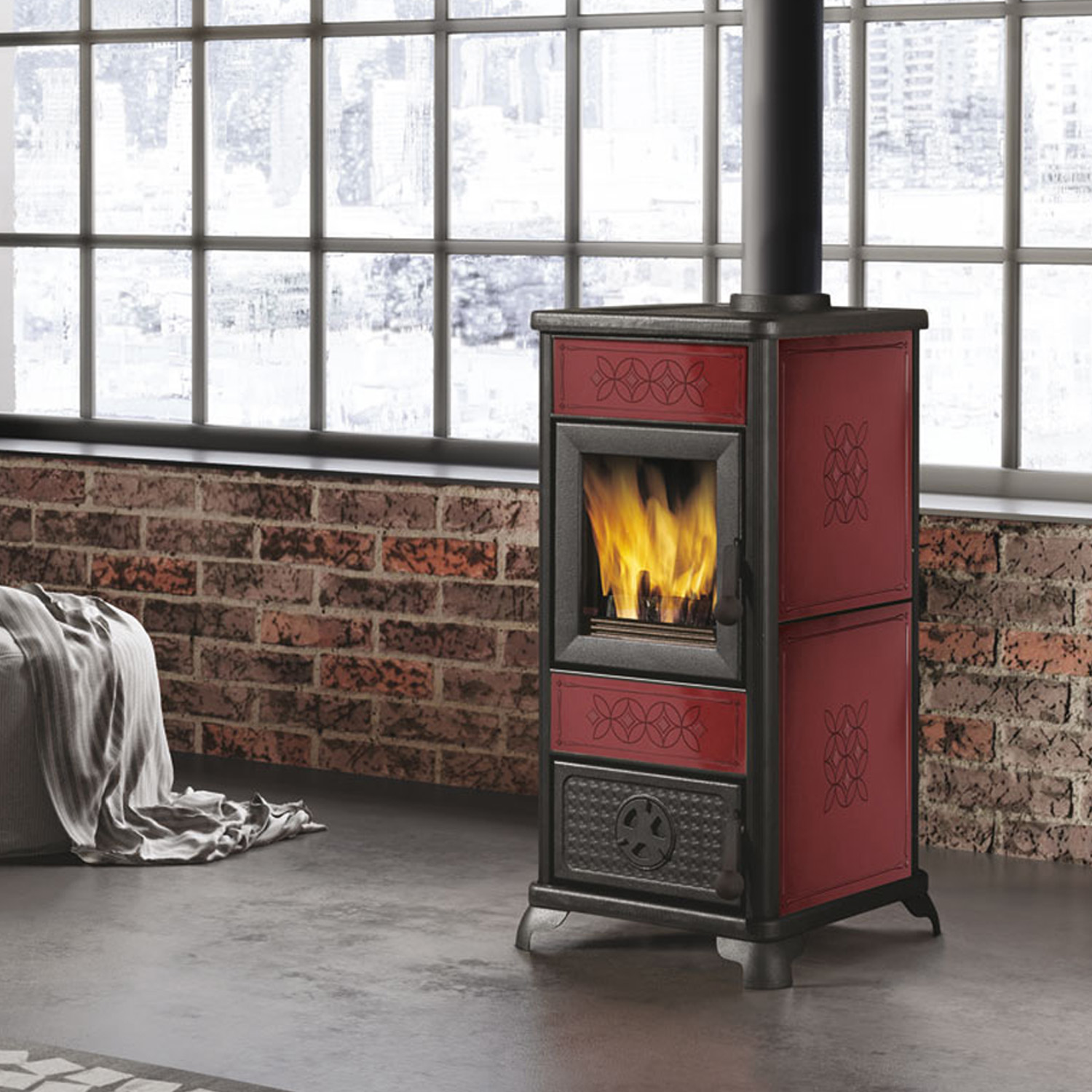 EK63 Decor Evo Poêle à bois céramique bordeaux