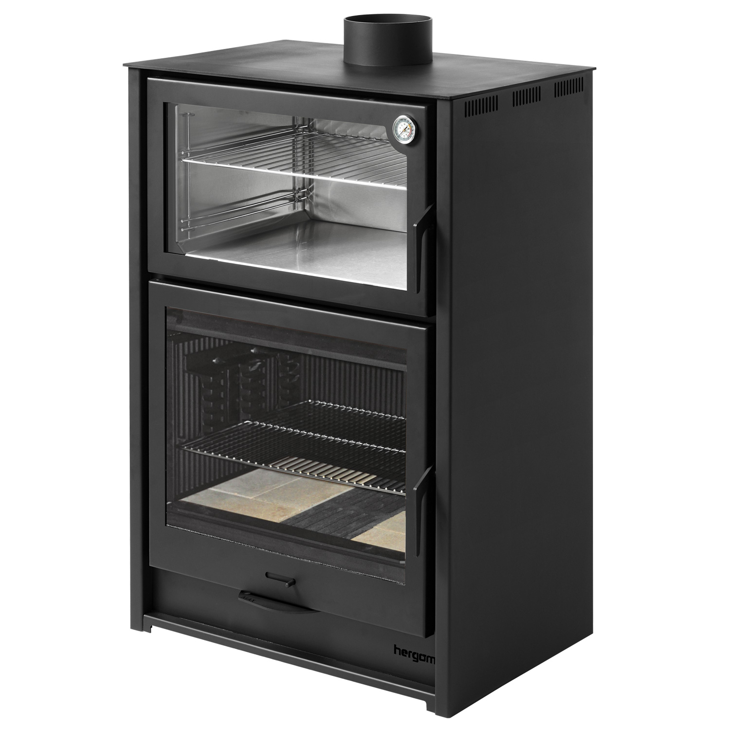 Poêle à bois Hergom Arce en acier noir avec compartiment de cuisson