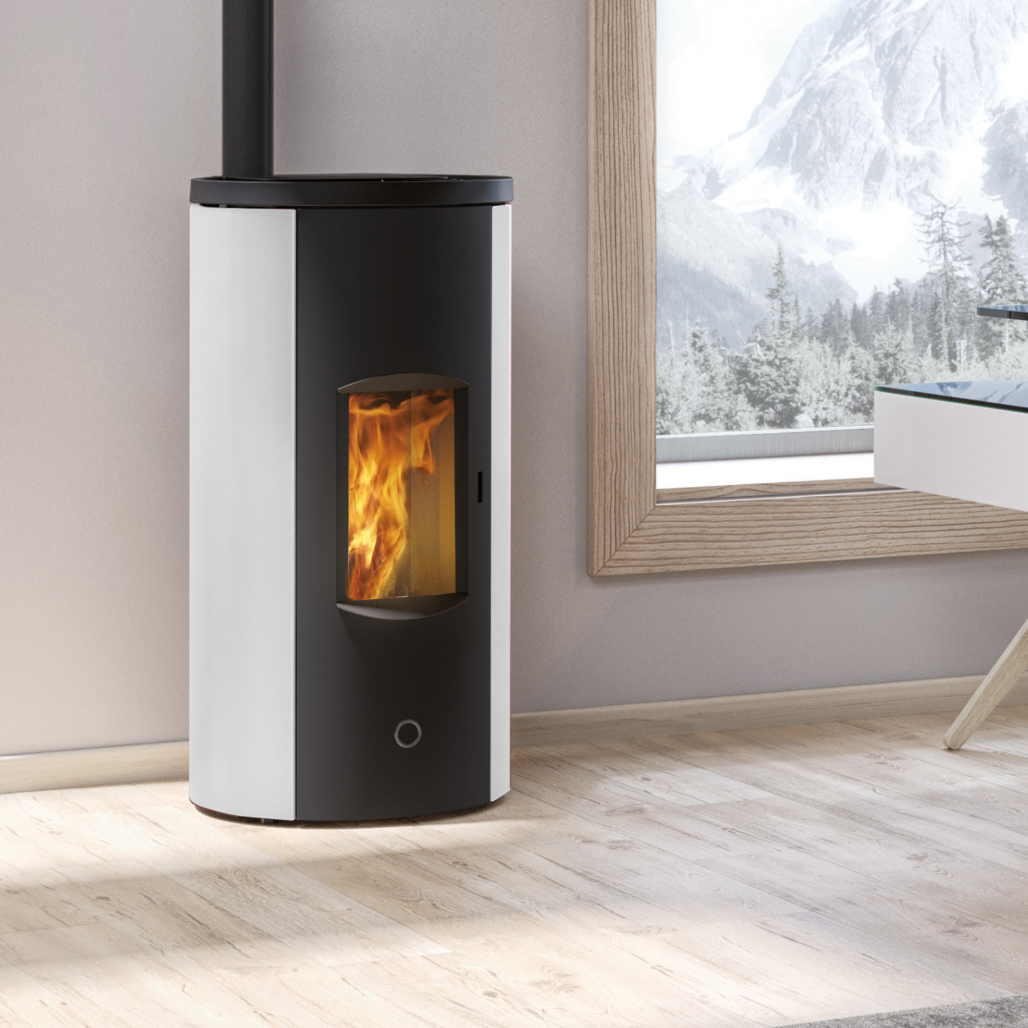 EK63 Like80 poêle à granulés acier blanc perle tuyau de fumée supérieur