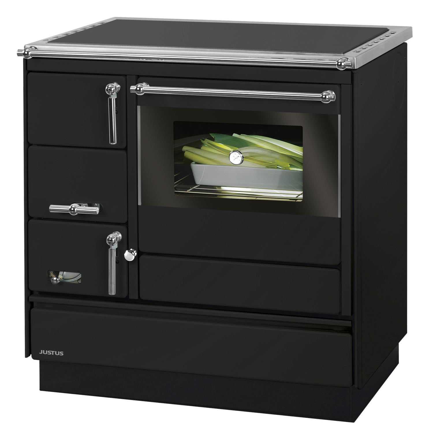 Justus Linz cuisinière à bois noir chromé, à droite
