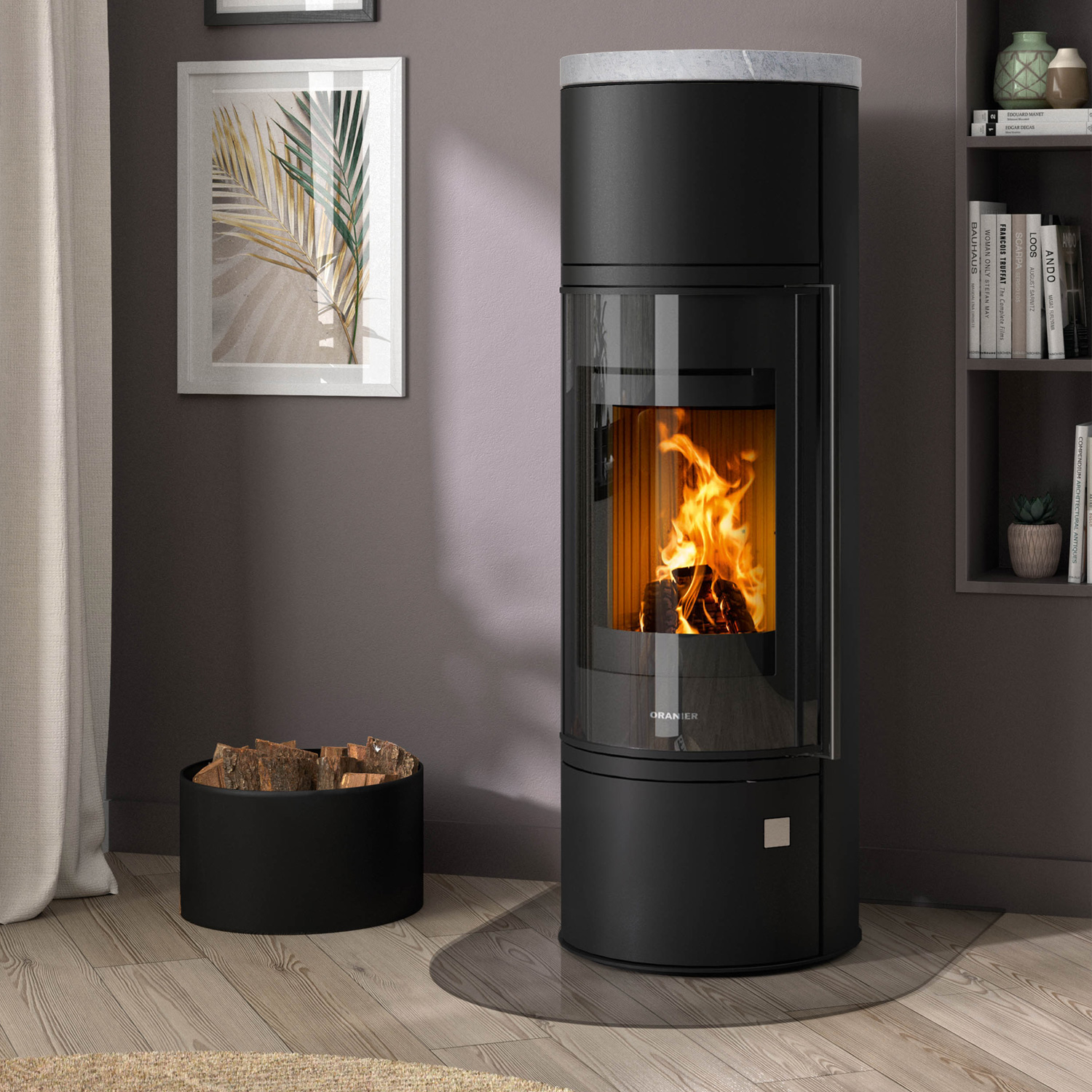 Oranier Arena W+ 2.0 Poêle à bois en acier noir avec plaque de recouvrement en stéatite.