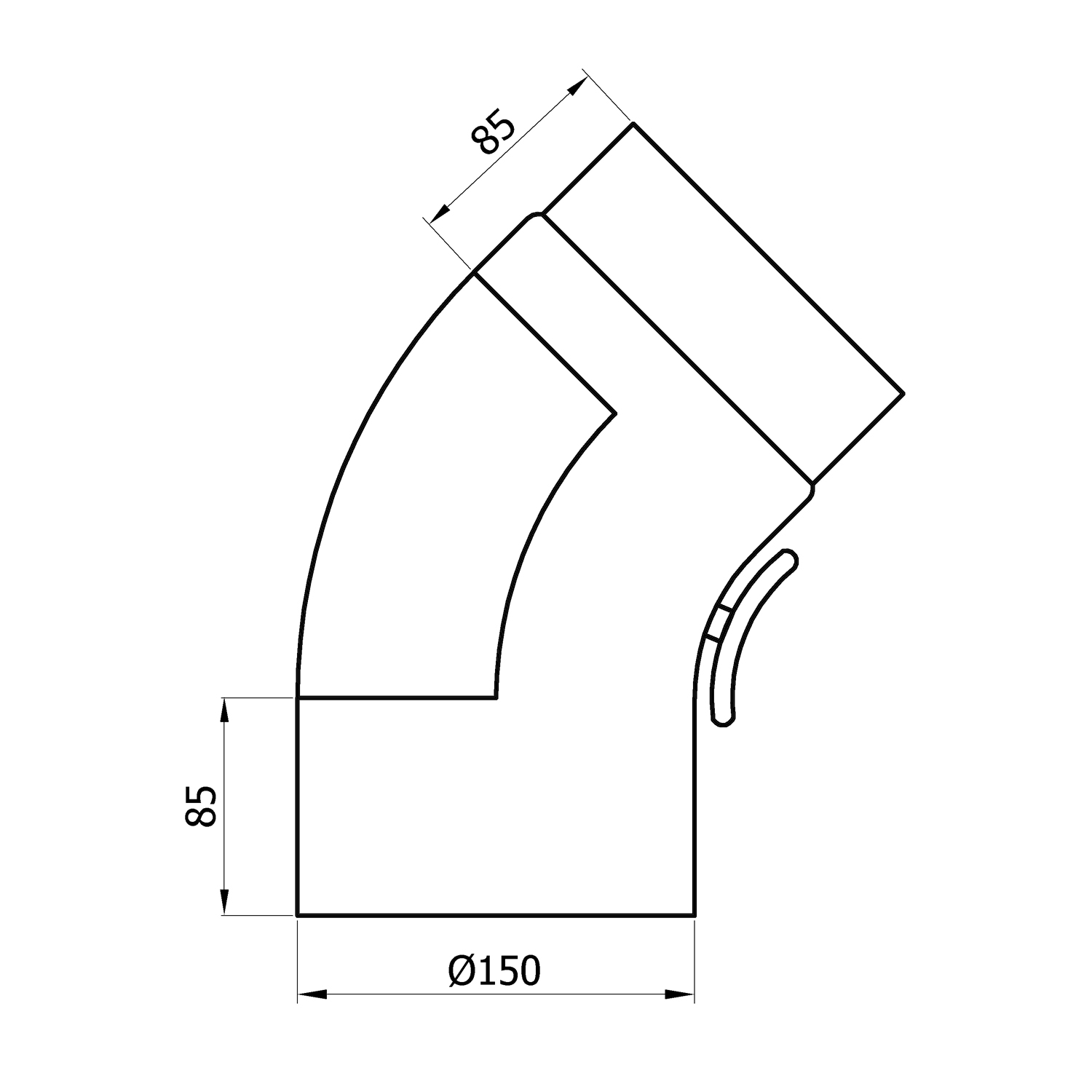 Raik Basic coude de tuyau de fumée 150mm noir 45° étiré avec porte pour tuyau de fumée / conduit de fumée