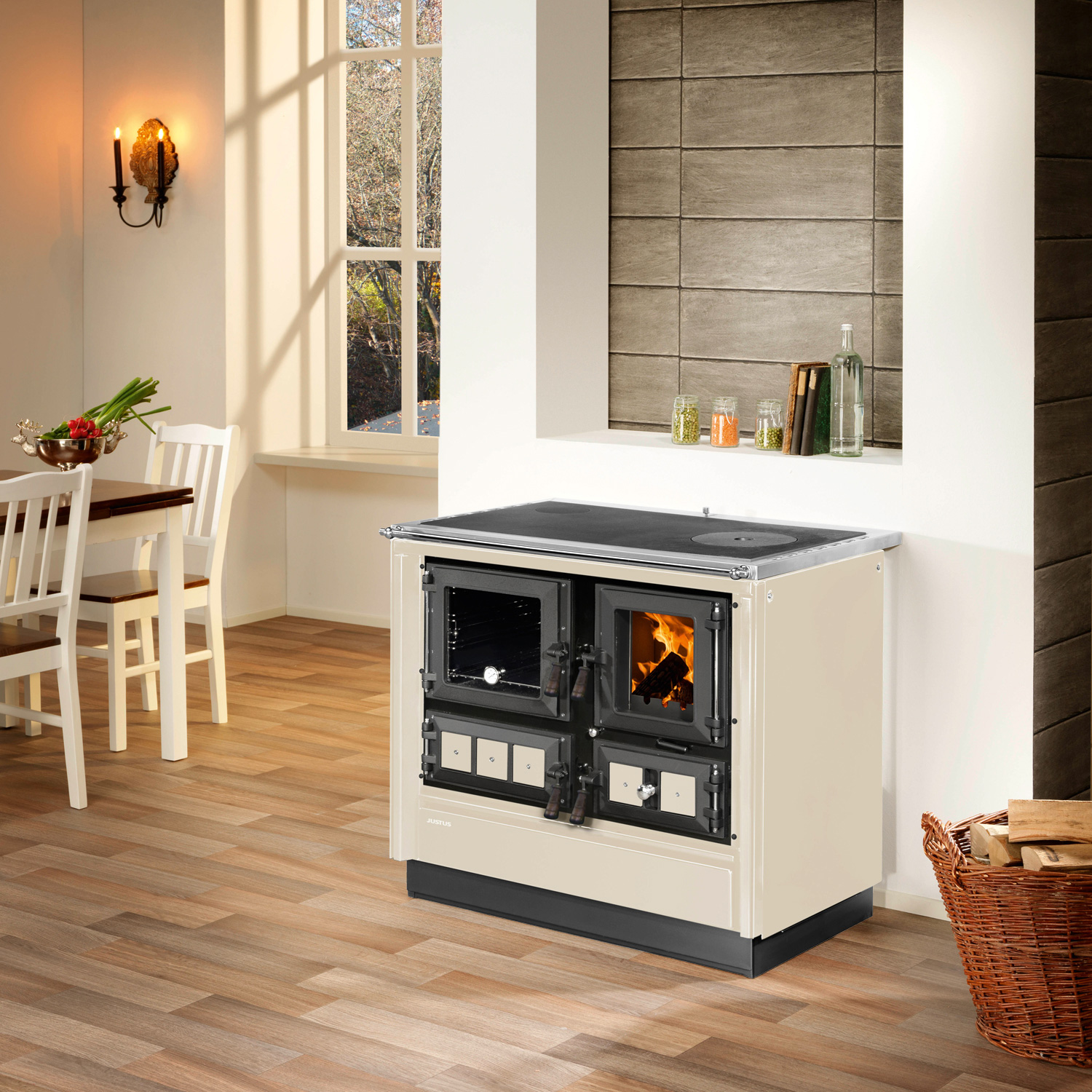 Justus Rustico-90 2.0 Poêle de cuisine en acier crème, compartiment de cuisson à gauche