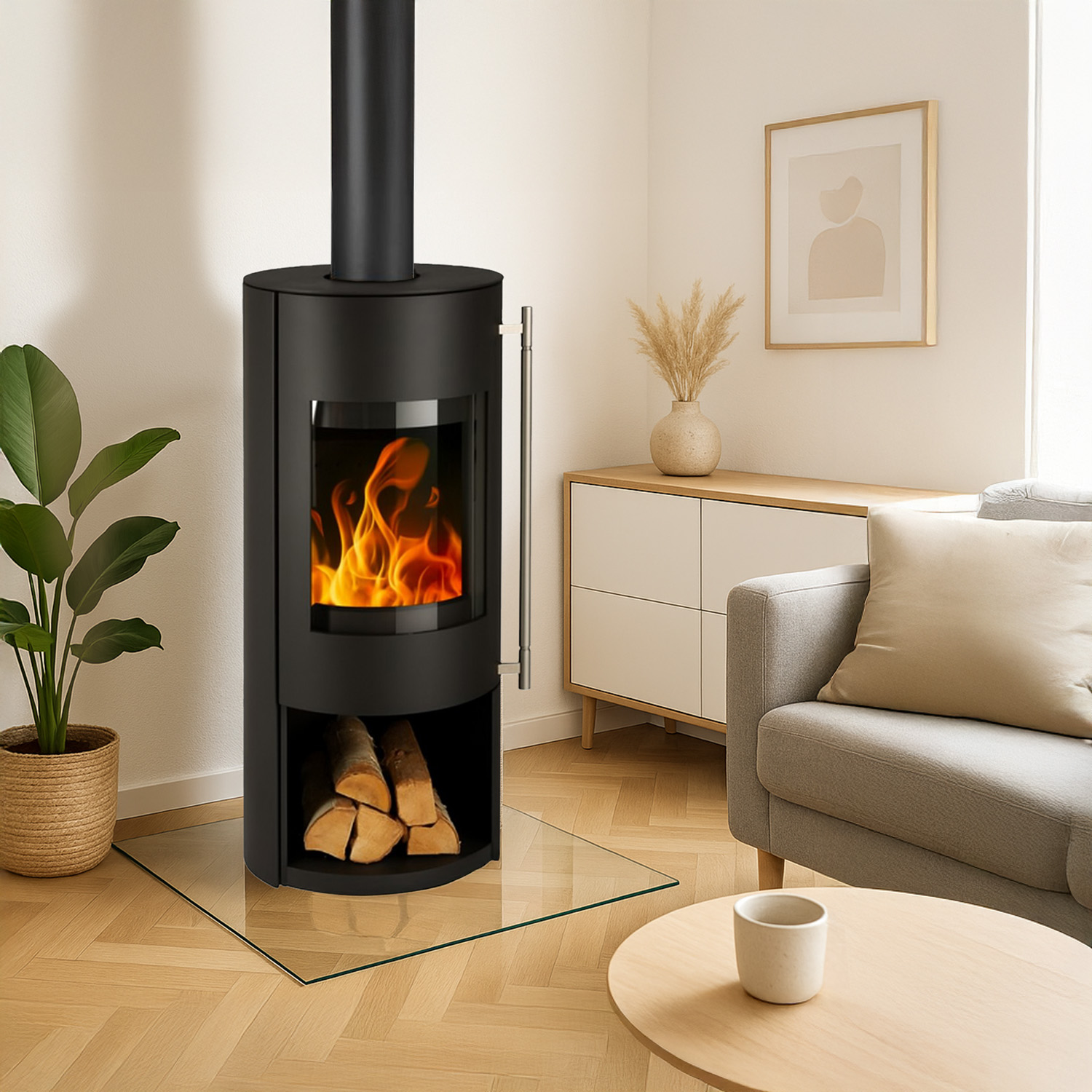 Haas+Sohn GRASSE Acier poêle à bois noir profond avec compartiment range-bûches sans porte