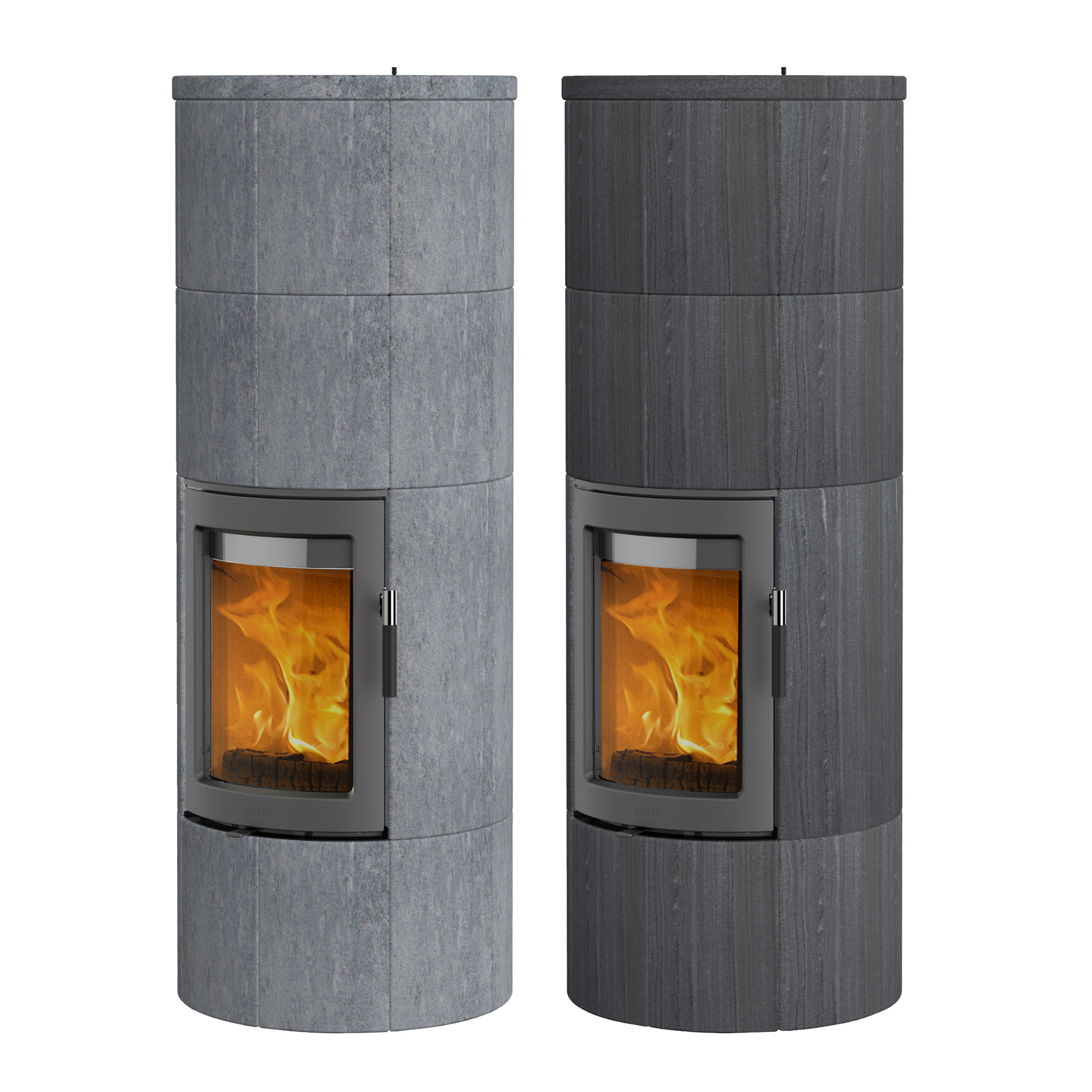 Poêle à bois Lotus Maestro 2 en stéatite, porte grise, sortie de fumée à l'arrière