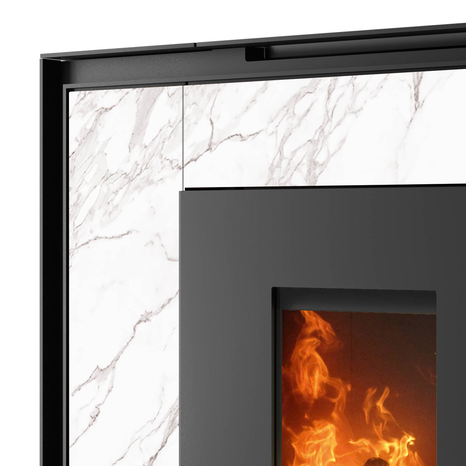 Oranier Boreas II poêle à granulés acier noir / pierre frittée marbre blanc, tuyau de fumée en haut