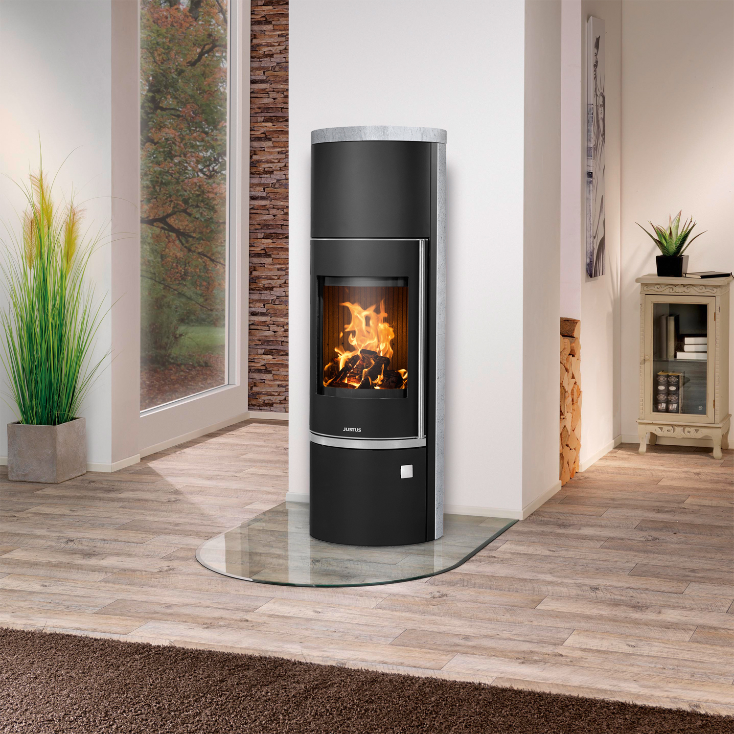 Justus Faro W+ 2.0 Poêle à bois en acier noir avec revêtement en stéatite.