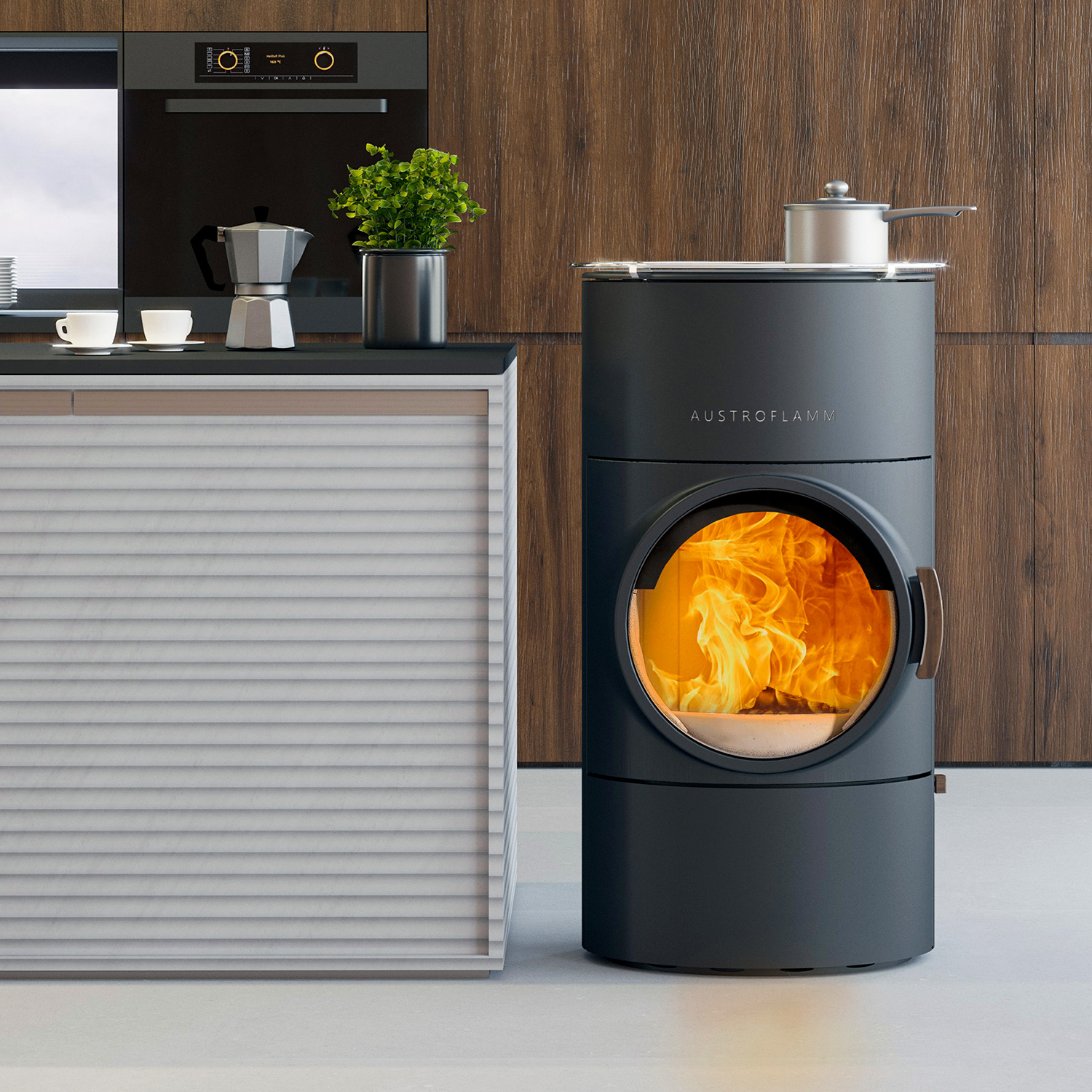 Austroflamm Clou compact Cook poêle à bois en acier gris fonte, sortie arrière Austroflamm Clou compact Cook poêle à bois en acier gris fonte, sortie arrière