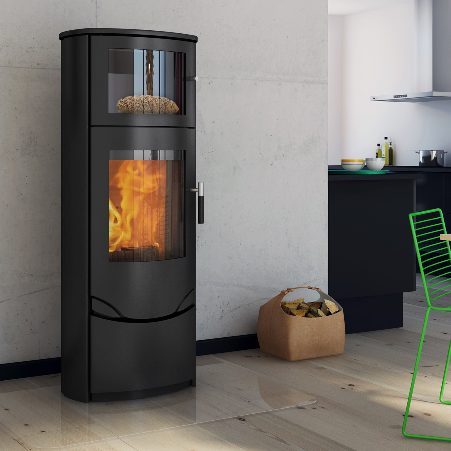 Poêle à bois Lotus Prio 7 noir avec compartiment de cuisson, sortie de fumée à l'arrière