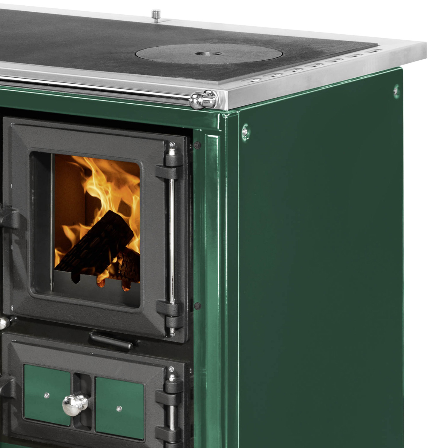 Justus Rustico-90 2.0 Cuisinière à bois en acier vert, four à gauche