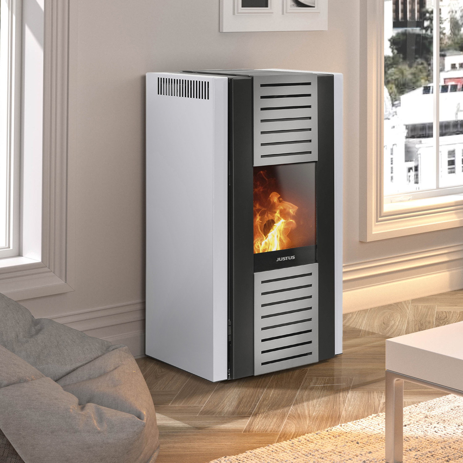 Justus Sirkos Aqua 2.0 poêle à granulés bouilleur acier blanc soie
