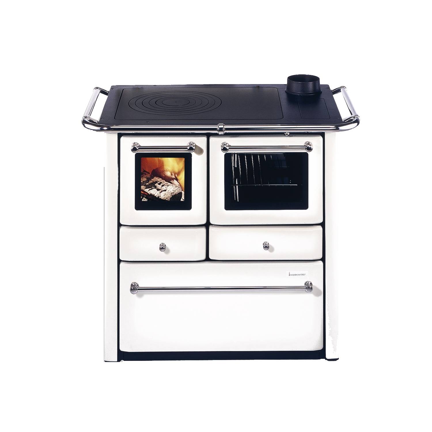 Westminster cuisinière à bois K 85 F II blanc raccordement tuyaux gauche