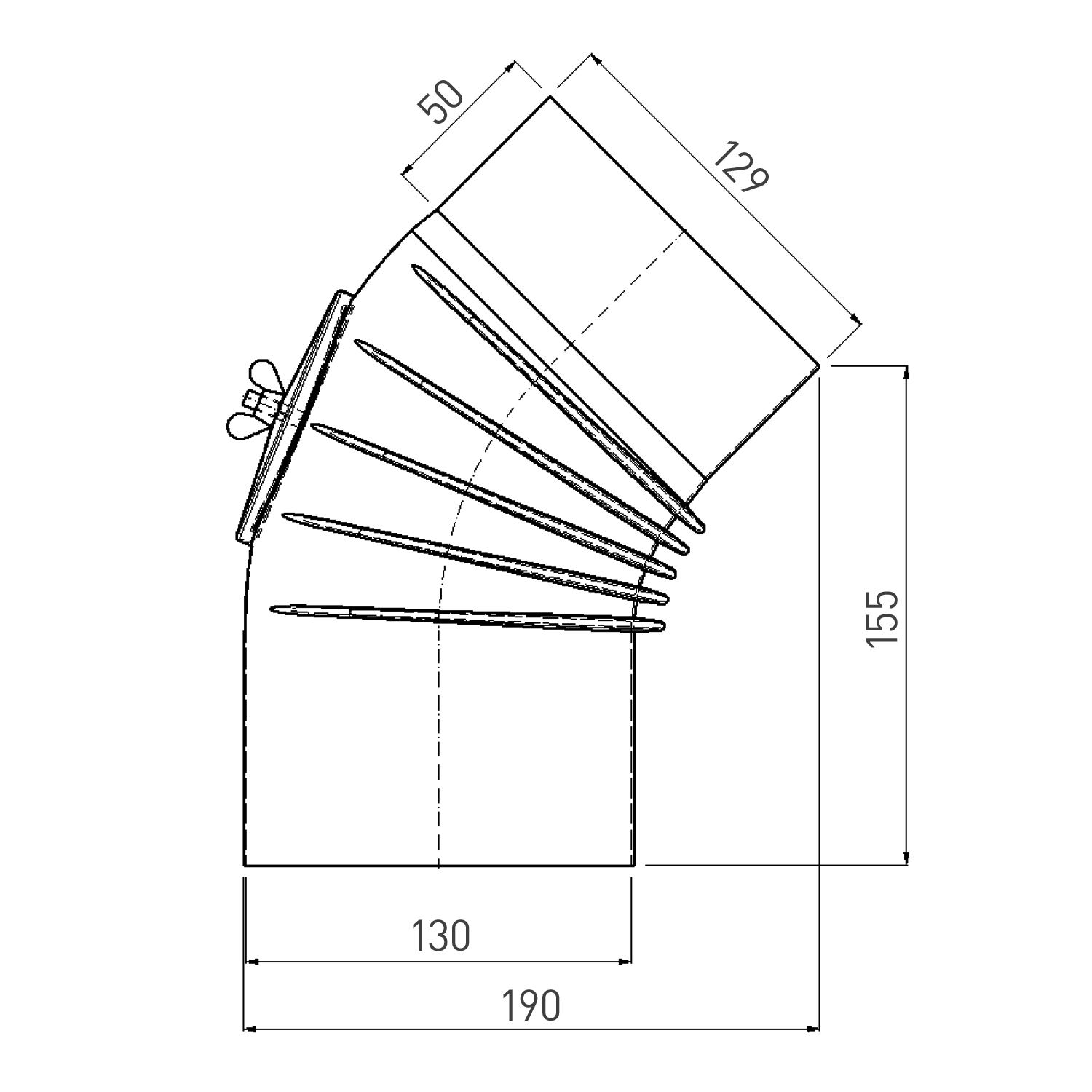 Coude de conduit de fumée / Coude de tuyau de poêle émaillé 130mm - Coude à 45° nervuré blanc avec ouverture de nettoyage