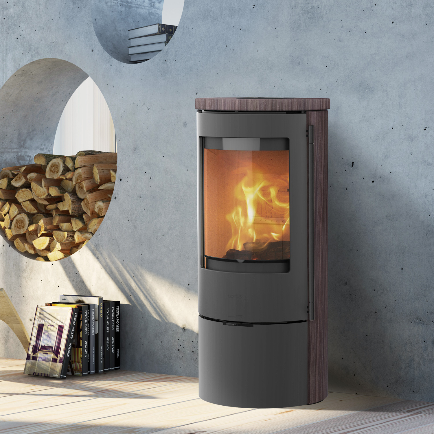 Lotus Prestige Basic S Poêle à bois Coffee Stone, Corps Gris, DIBt, Raccordement de conduit de fumée à l'arrière Lotus Prestige Basic S Poêle à bois Coffee Stone, Corps Gris, DIBt, Raccordement de conduit de fumée à l'arrière