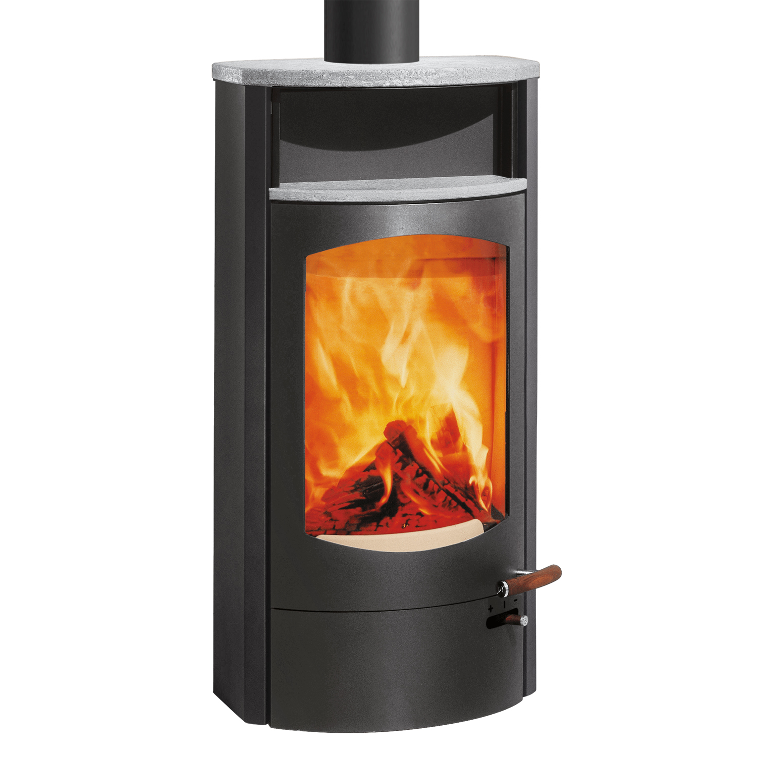 Austroflamm Koko 2.0 Poêle à bois en acier gris fonte, compartiment de maintien au chaud en stéatite, plaque supérieure en stéatite, sortie de fumée par le haut