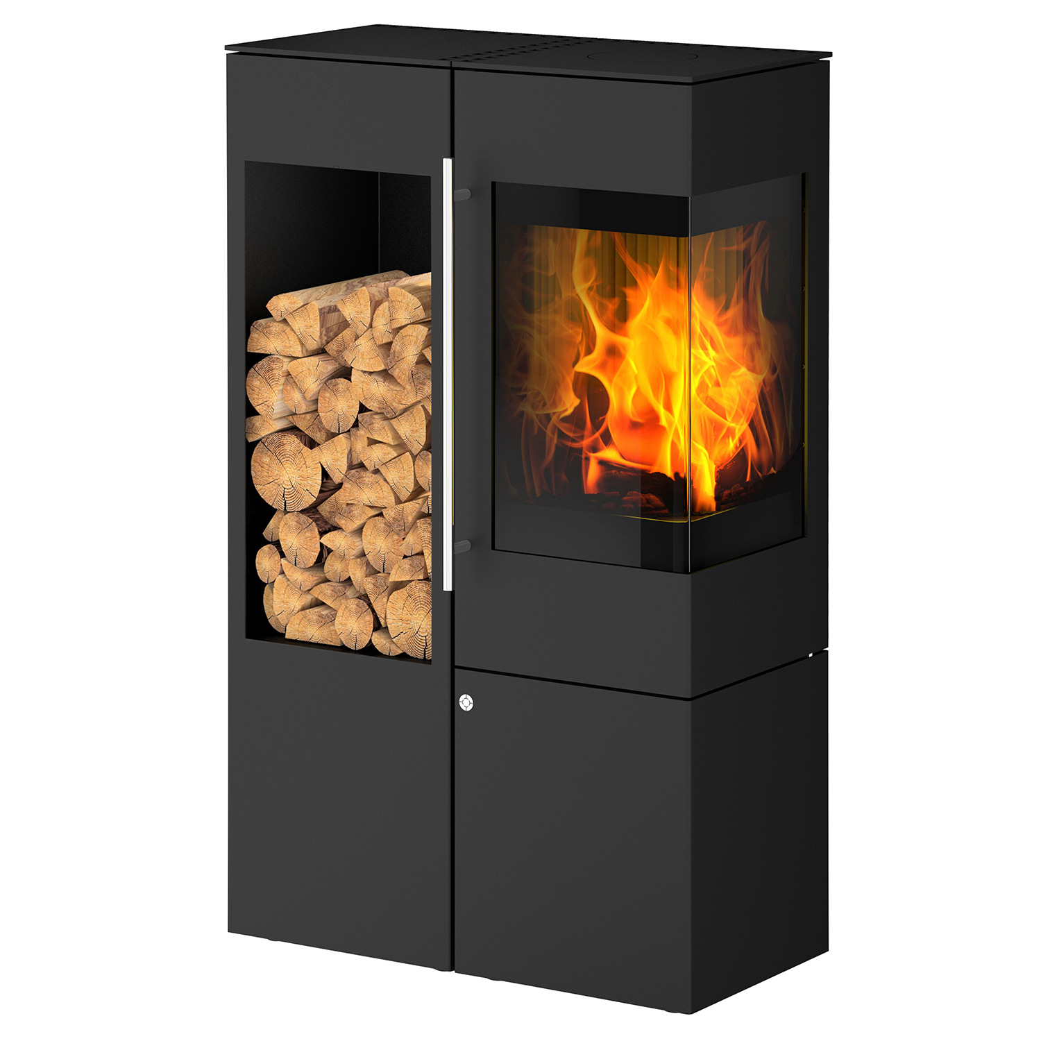 Olsberg Ipala Smart Compact poêle à bois en acier noir, ouverture de porte à droite, porte en acier avec étagère en bois à gauche