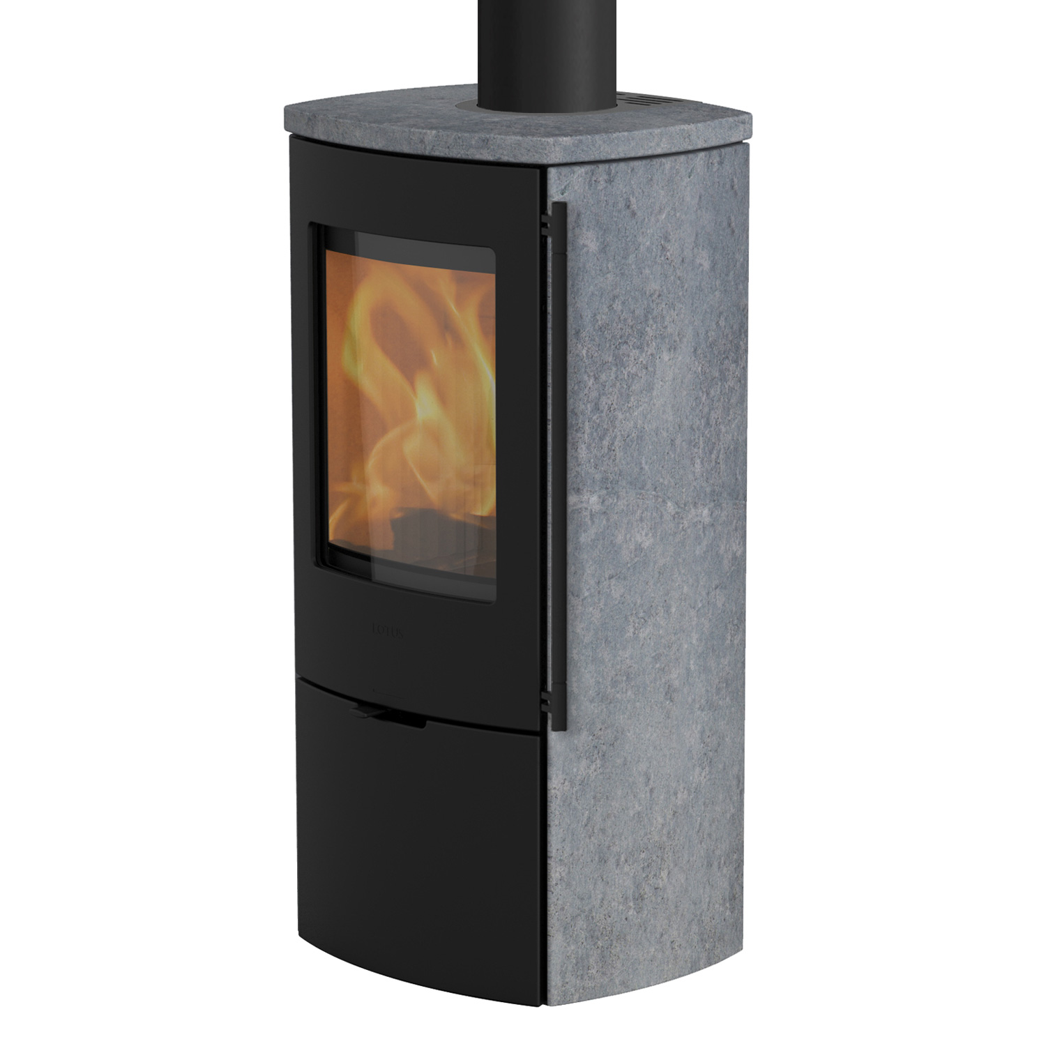 Poêle à bois Lotus Mondo 30 Noir / Pierre ollaire, raccordement de conduit de fumée par le haut. Poêle à bois Lotus Mondo 30 Noir / Pierre ollaire, raccordement de conduit de fumée par le haut.