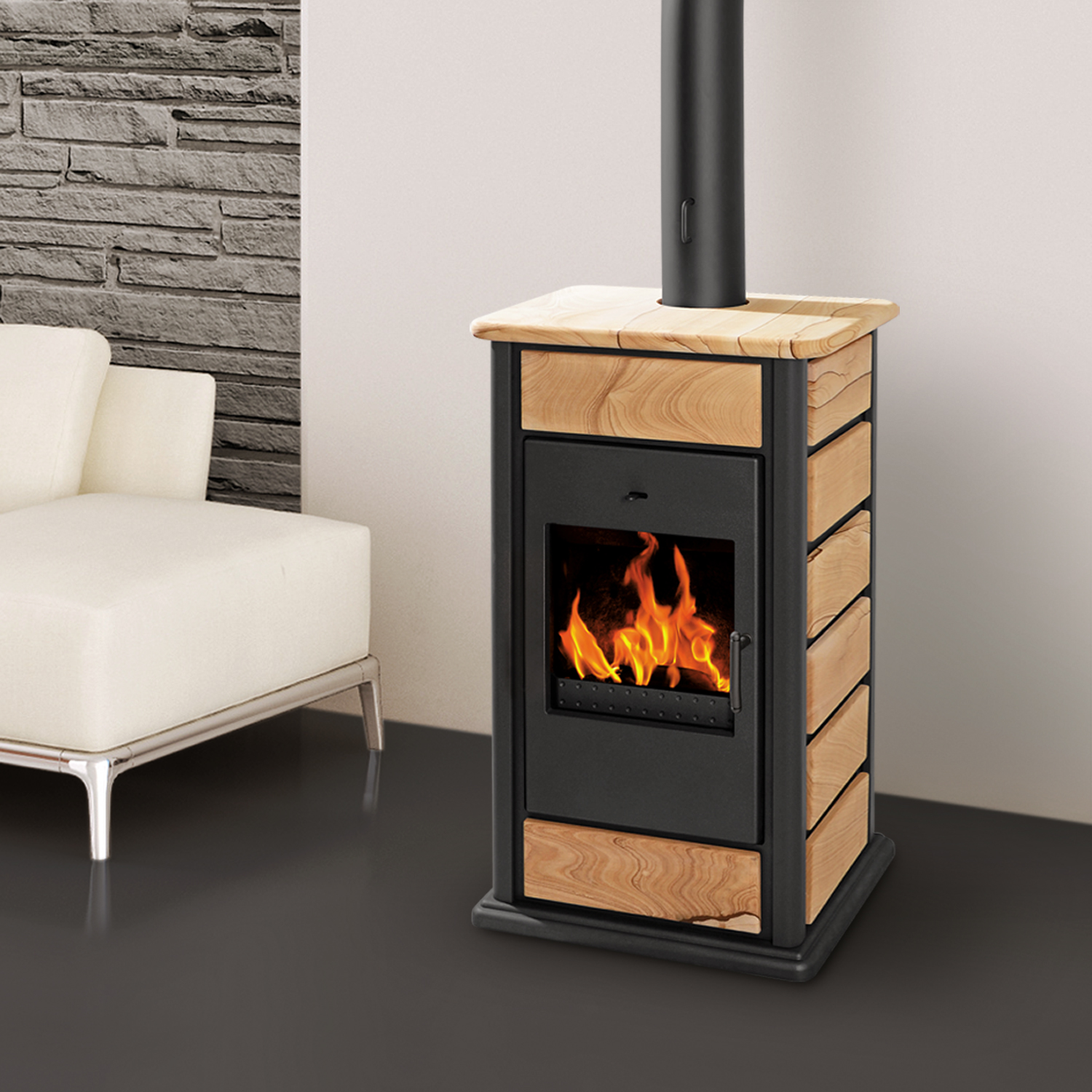 Schmitzker Alicante poêle à bois avec circulation d'eau Noir Sunshine - Ensemble complet avec réservoir tampon de 600L, y compris l'isolation.
