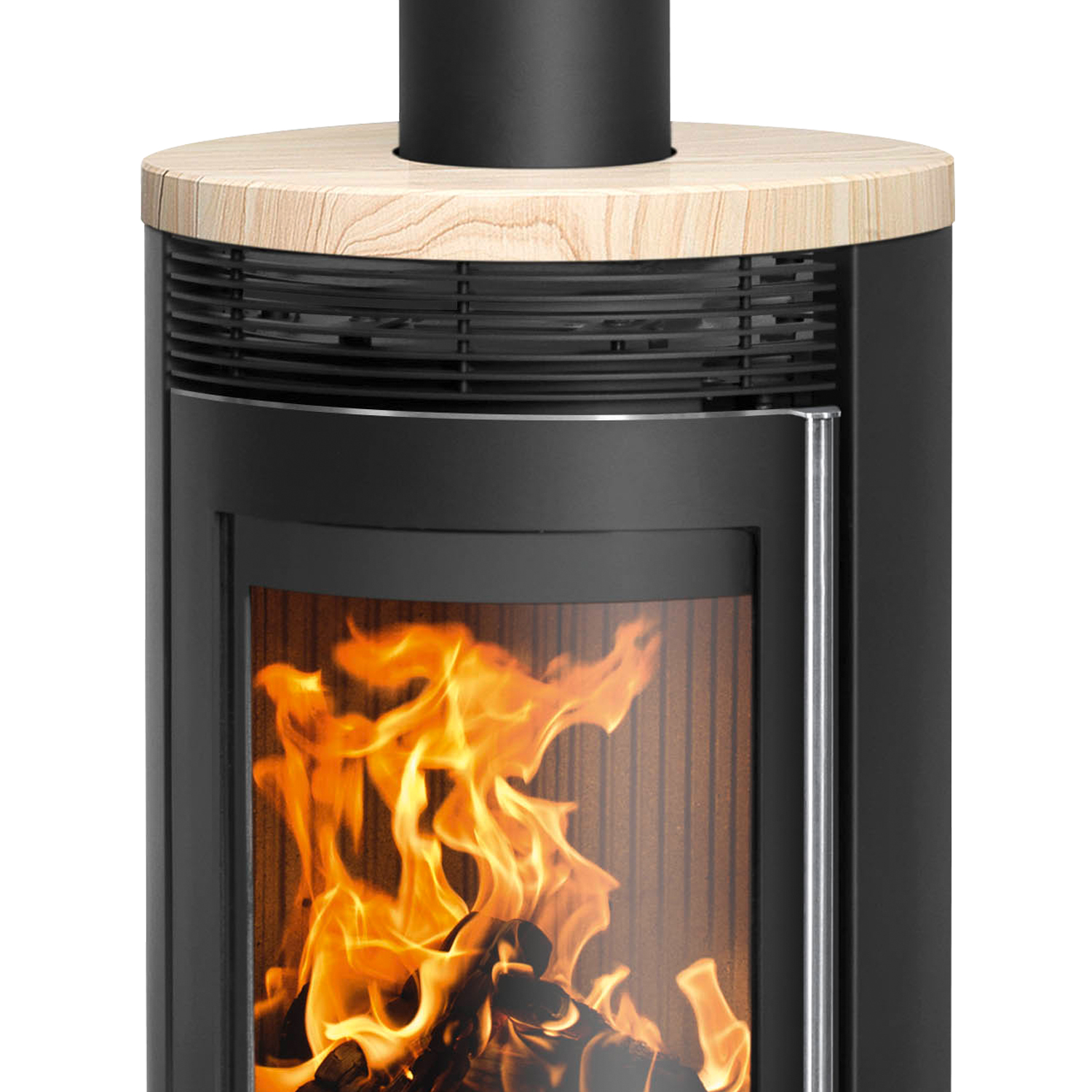 Poêle à bois Oranier Rota 2.0 en acier noir avec plaque de recouvrement en pierre de sable.