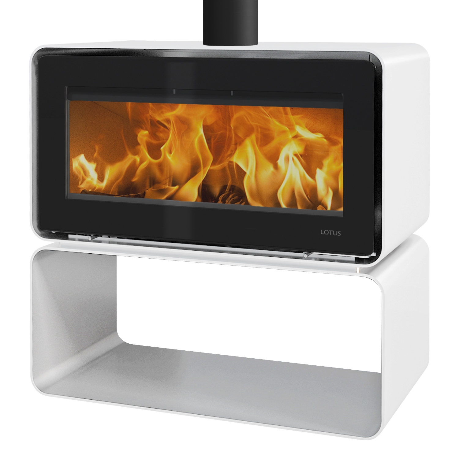 Poêle à bois Lotus Living Cube Alpin White, évacuation des fumées par le haut