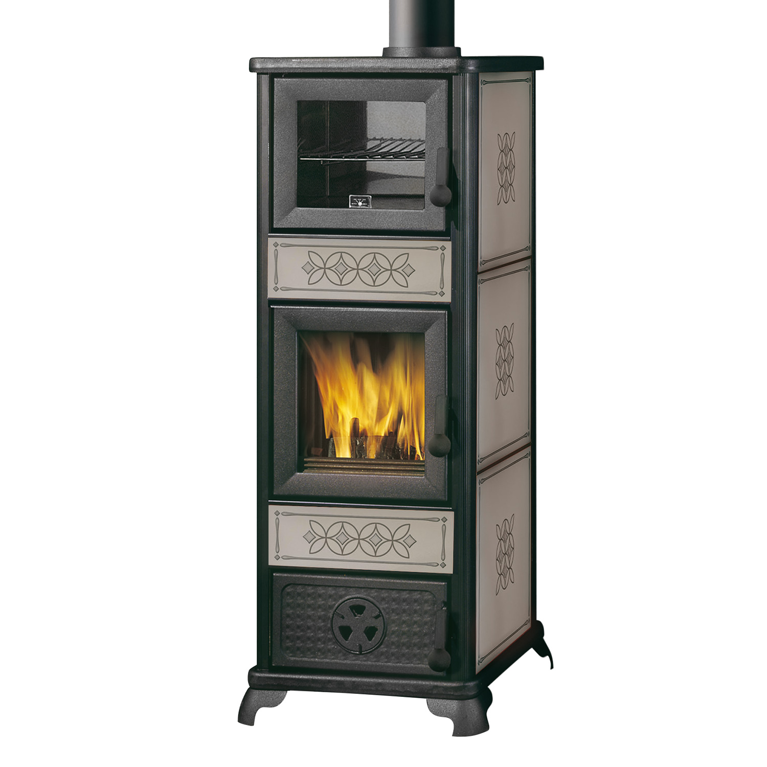 EK63 Decor C poêle à bois céramique gris colombe tuyau de fumée dessus