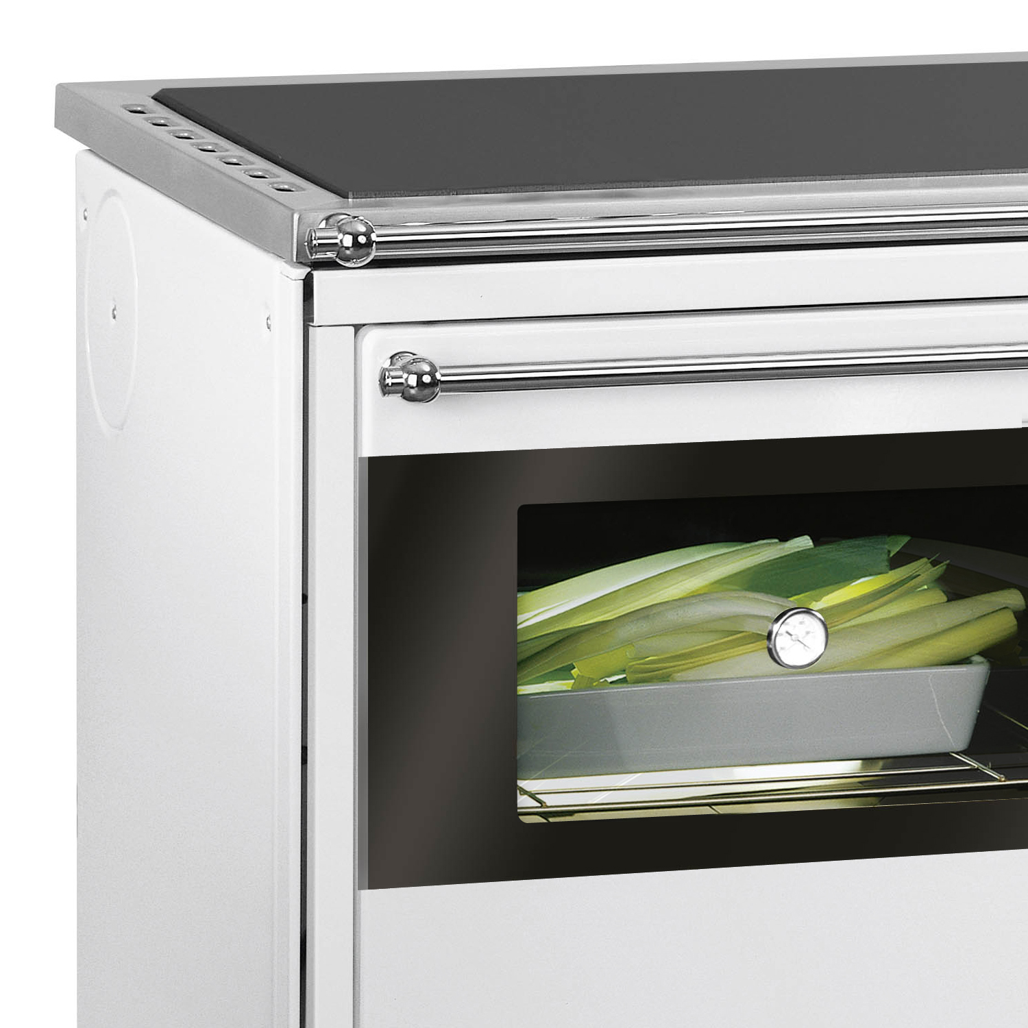Justus Linz cuisinière à bois blanc chromé, gauche