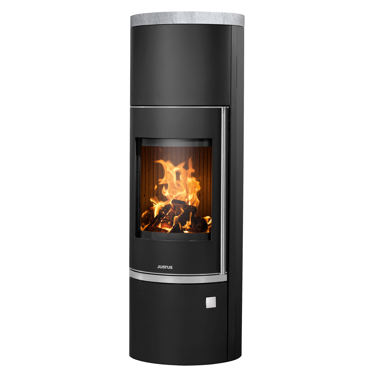 Justus Faro W+ 2.0 Poêle à bois en acier noir avec plaque de recouvrement en stéatite.