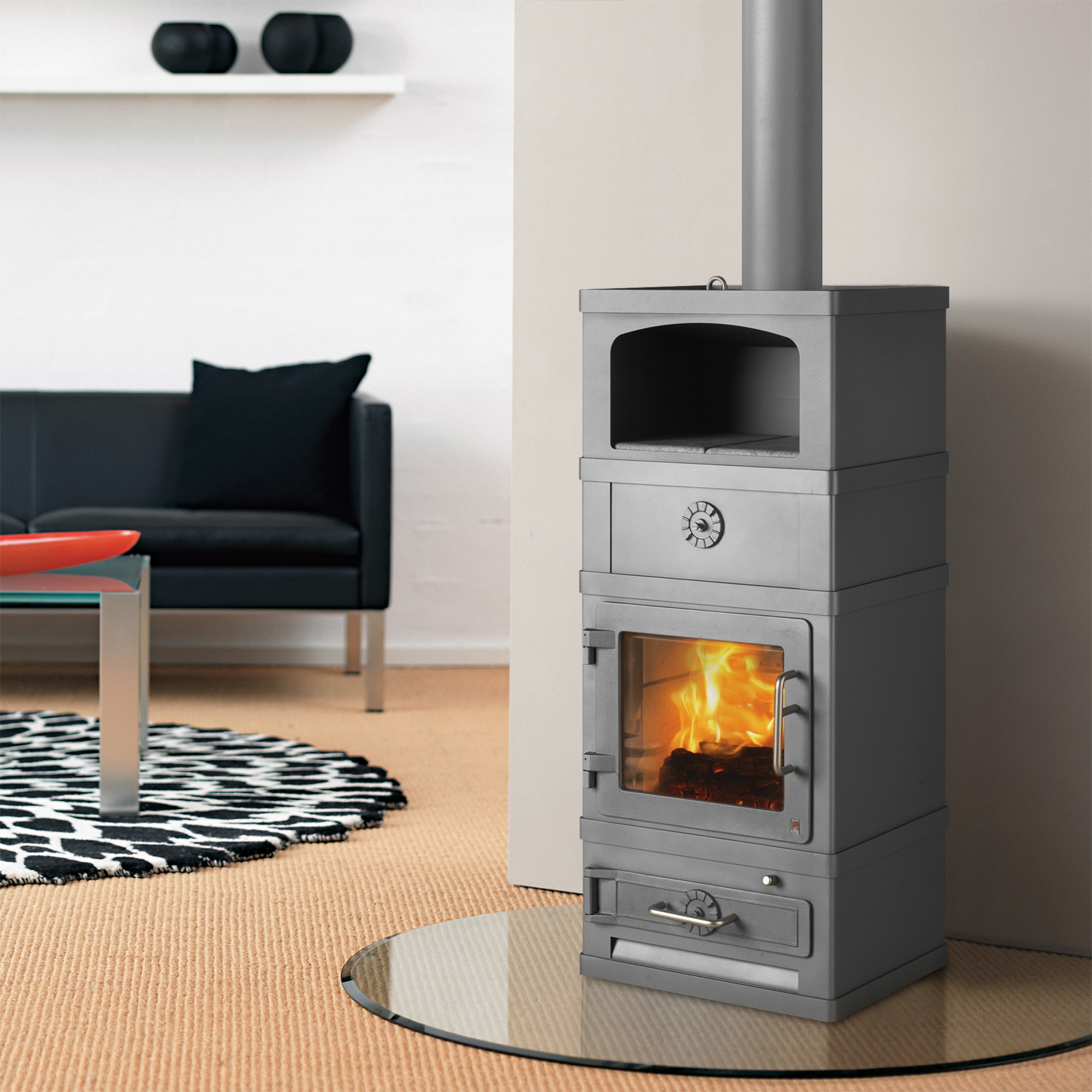 Poêle à bois Lotus 2060 avec compartiment de maintien au chaud, gris, évacuation des fumées par le haut.