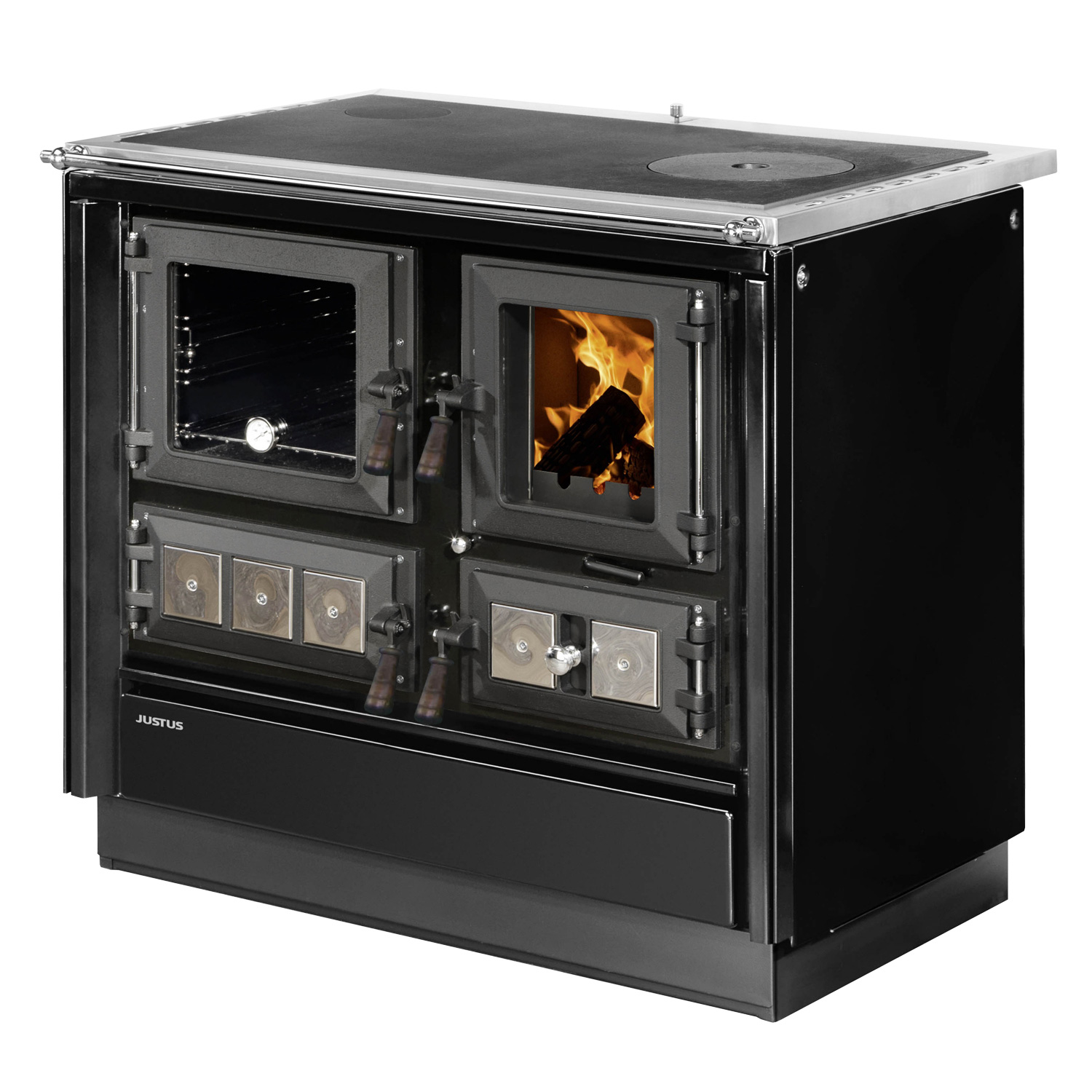 Justus Rustico-90 2.0 poêle de cuisine en acier noir, compartiment de cuisson à gauche