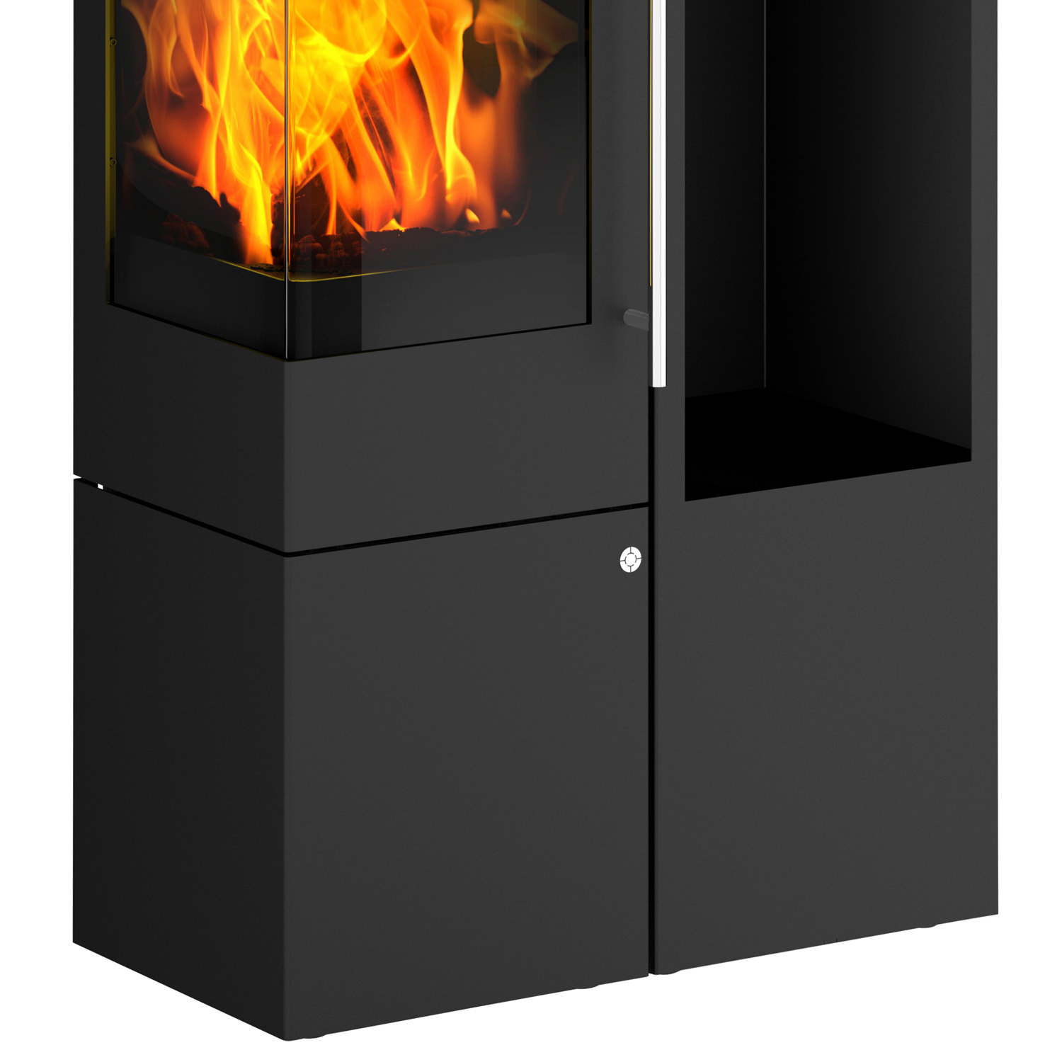 Olsberg Ipala Smart Compact poêle à bois avec ouverture de porte à gauche, étagère en bois et module PowerBloc! inclus.