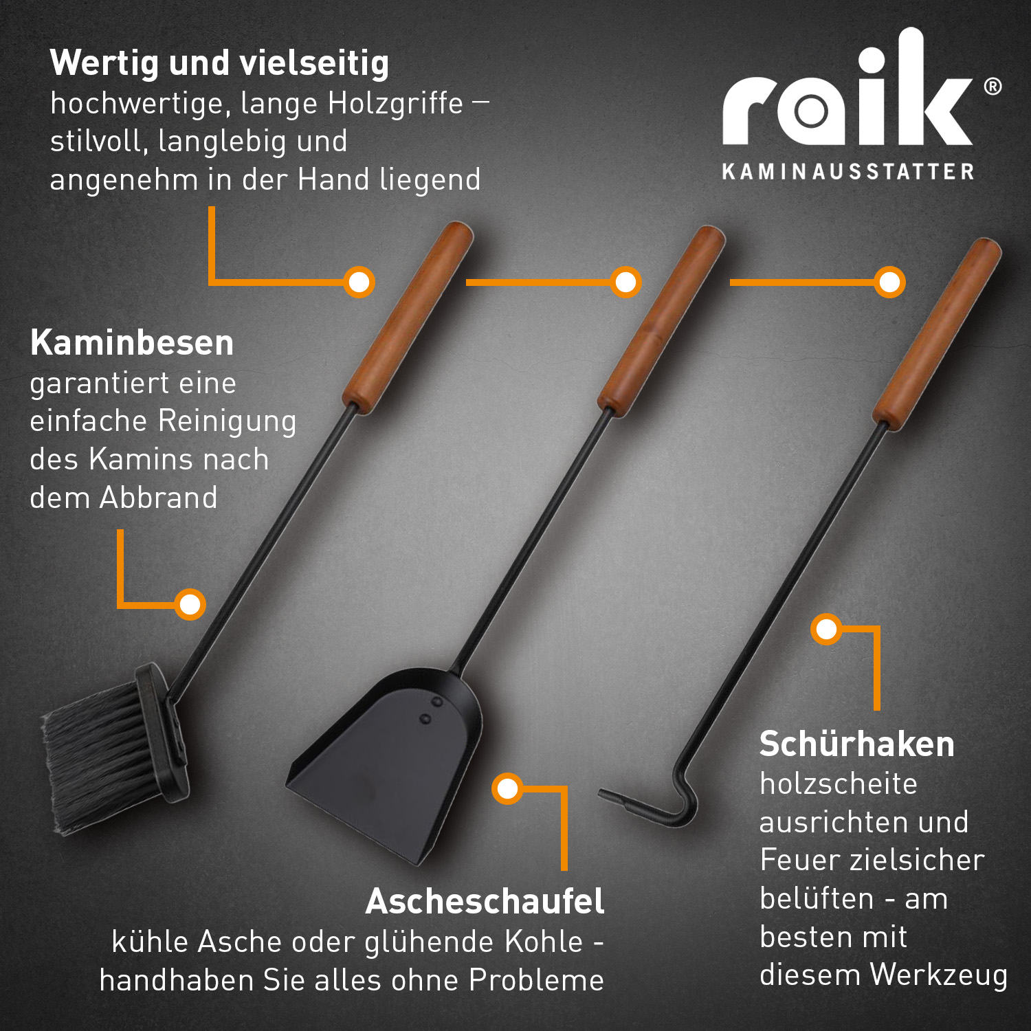Raik Kaminbesteck Benno Set 3-teilig Schwarz mit langem Holzgriff