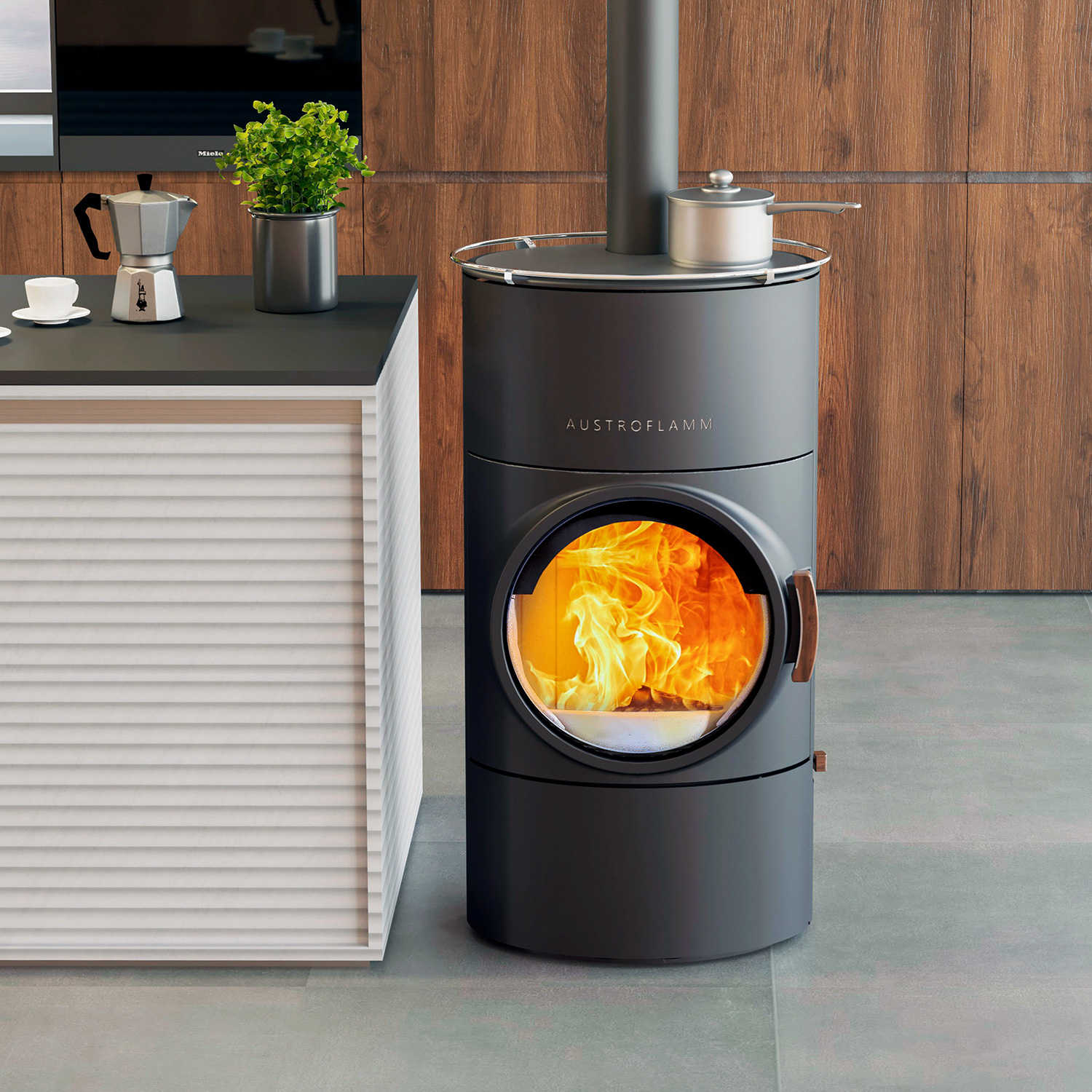 Austroflamm Clou compact Cook poêle à bois en acier gris fonte, sortie de fumée par le haut Austroflamm Clou compact Cook poêle à bois en acier gris fonte, sortie de fumée par le haut