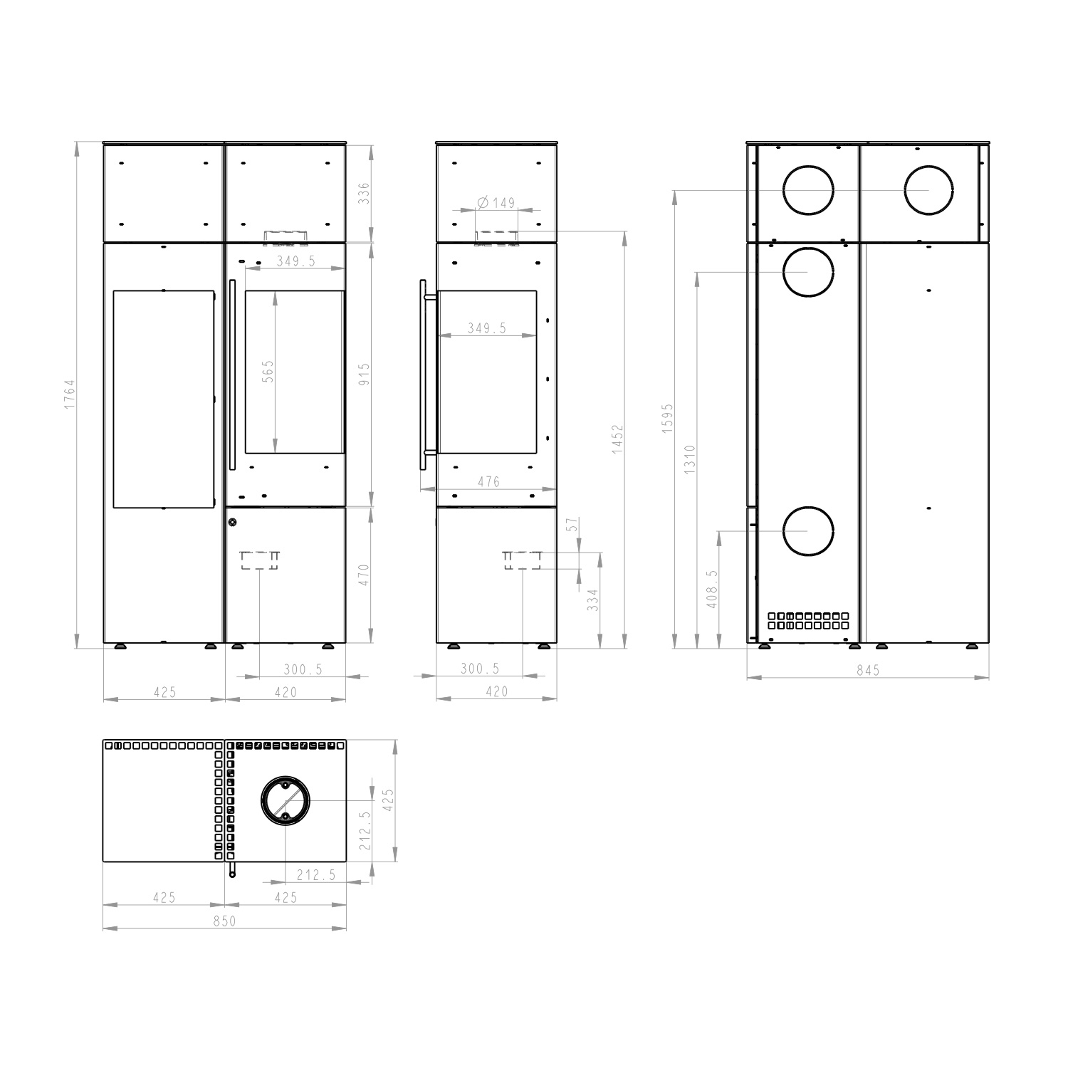 Olsberg Ipala Smart Compact poêle à bois en acier noir, ouverture de porte à droite, porte en acier avec module de stockage et étagère à bois à gauche.