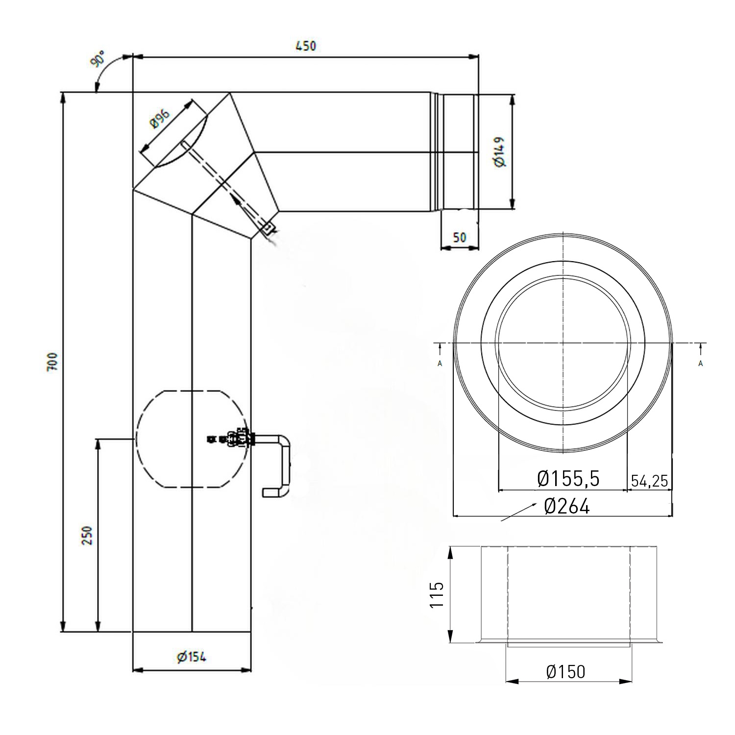 Raik set WBG LS diamètre 150/90° 2,00mm 3-pièces 700/450 avec porte intégrée avec modérateur de tirage noir