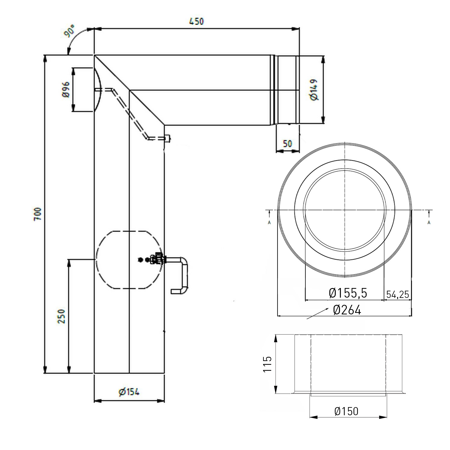 Raik set WBG LS diamètre 150/90° 2,00mm 2-pièces 700/450 avec porte intégrée avec modérateur de tirage gris