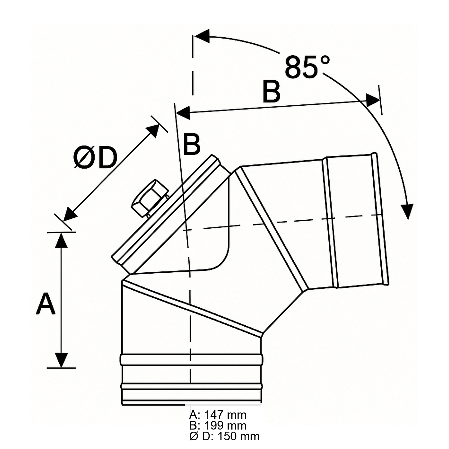 Schiedel PRIMA PLUS coude 85° Ø150 mm avec fermeture de révision pour huile/gaz simple paroi mat