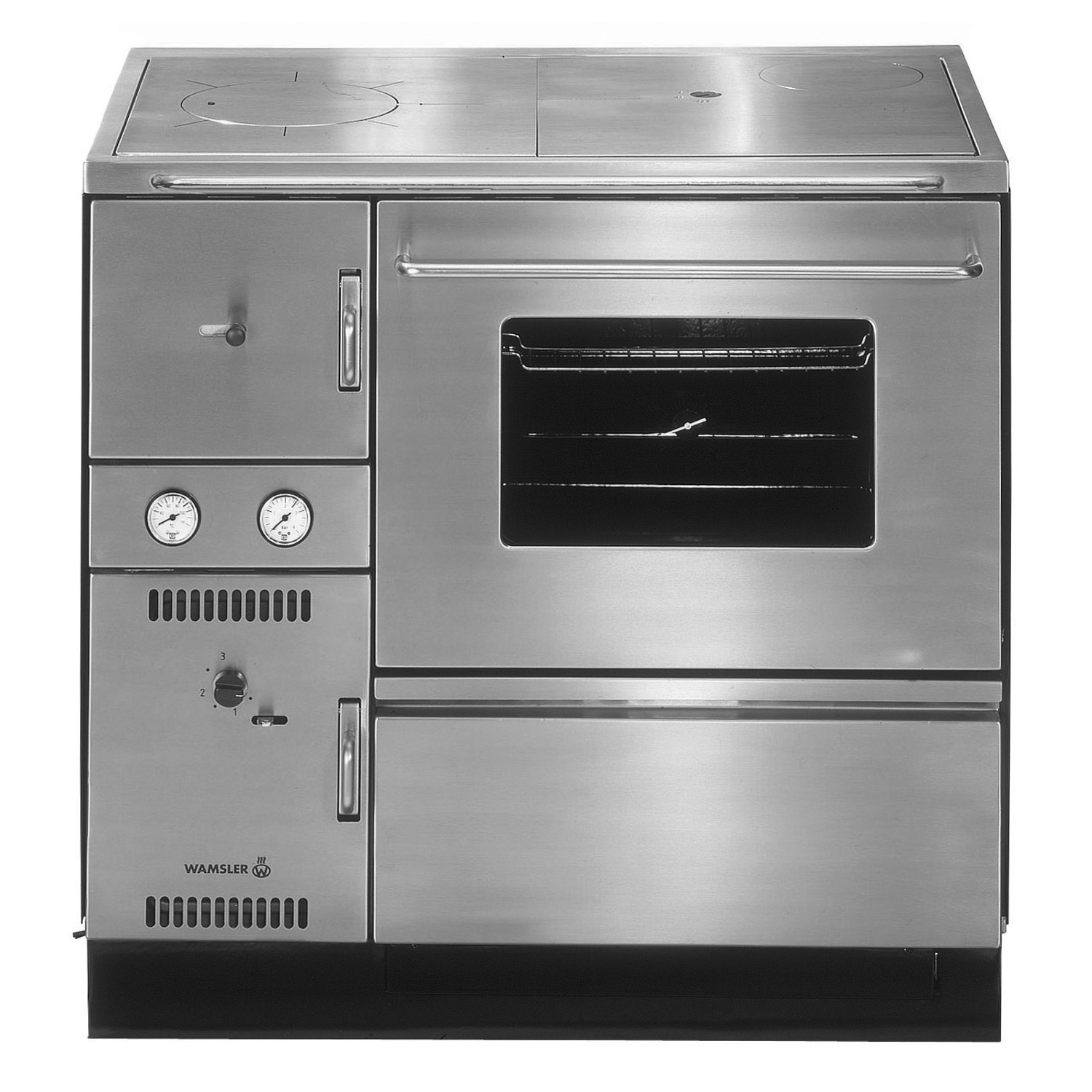 Wamsler K 148 CL cuisinière à bois avec échangeur d'eau en acier inoxydable, conduit de fumée à droite