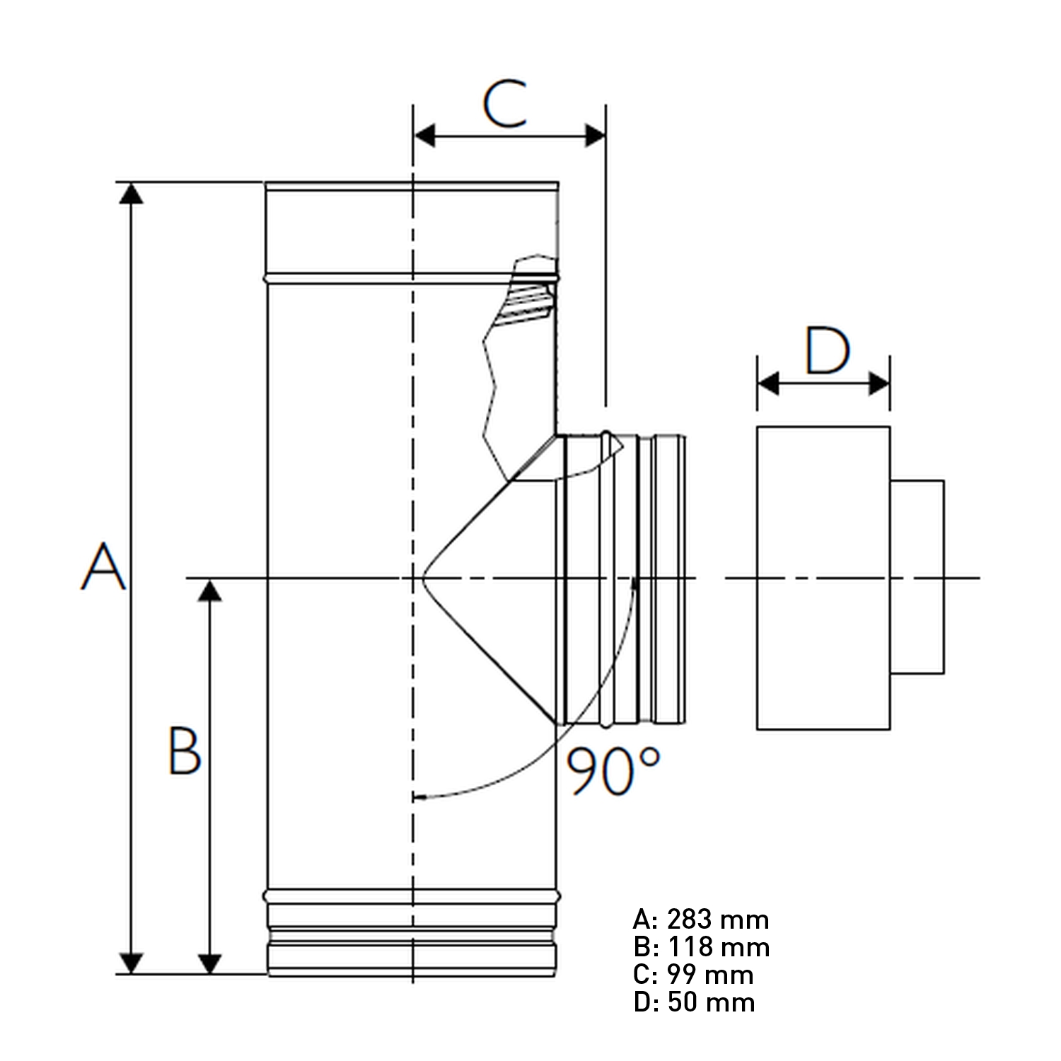 Schiedel PRIMA PLUS té d’inspection 90° H1 Ø130 mm simple paroi mat