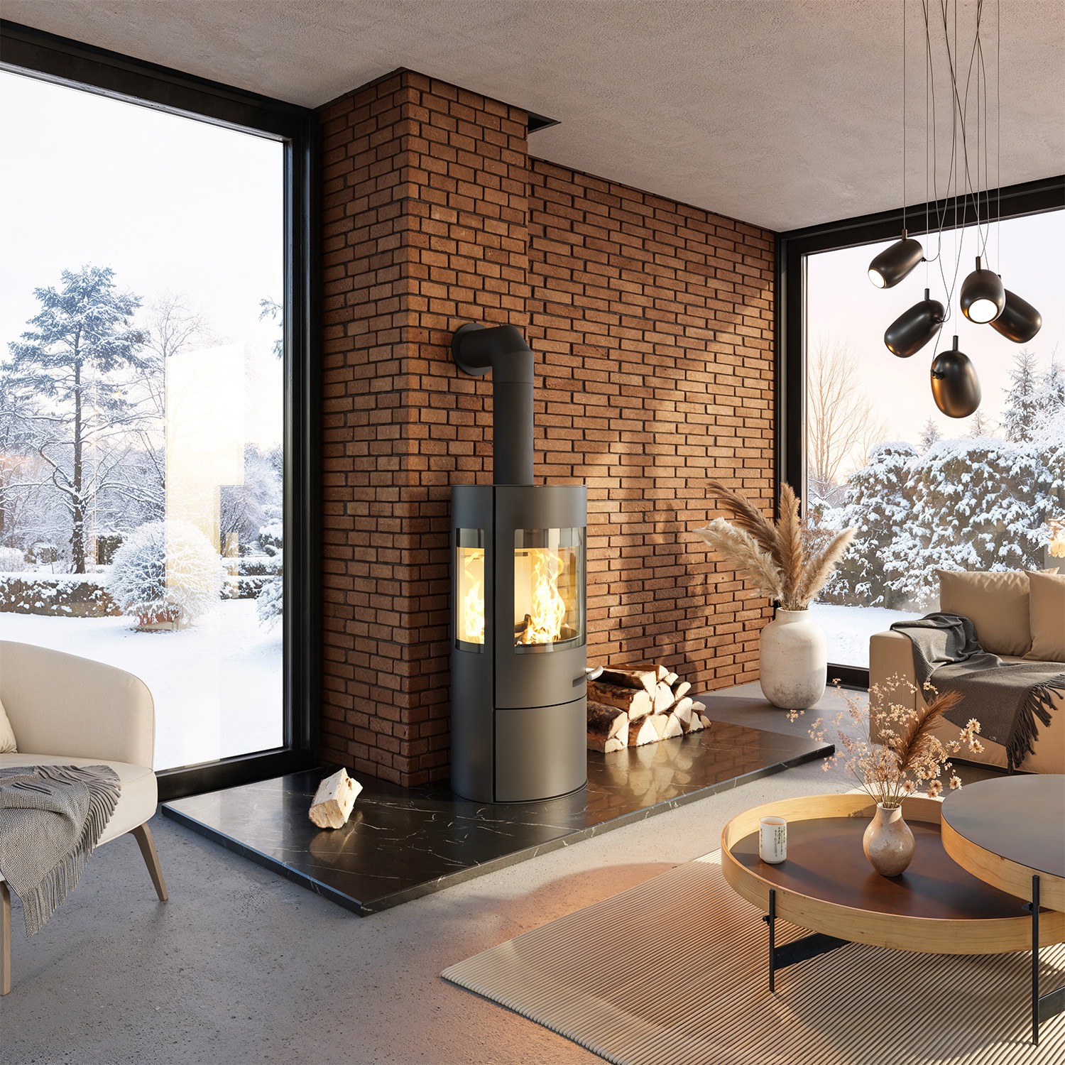 Haas+Sohn VITUS.l acier poêle à bois 3 vitres avec plaque de cuisson avec compartiment range-bûches et porte noir profond